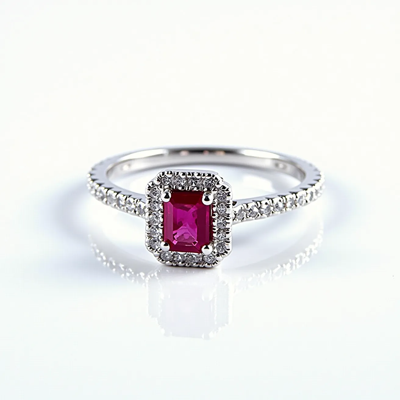 This ruby engagement ring features a striking, rectangular-cut ruby at its center, radiating a deep, vibrant red hue. The ruby is elegantly set in a classic halo design, surrounded by a cluster of small, round diamonds that enhance its brilliance and add a touch of sparkle. The band is crafted from a lustrous white metal, possibly platinum or white gold, and is adorned with a series of matching small diamonds that extend halfway around the band, complementing the centerpiece. The ring is designed for an elegant and secure fit, ensuring the gemstones remain the focal point of this exquisite jewelry piece.