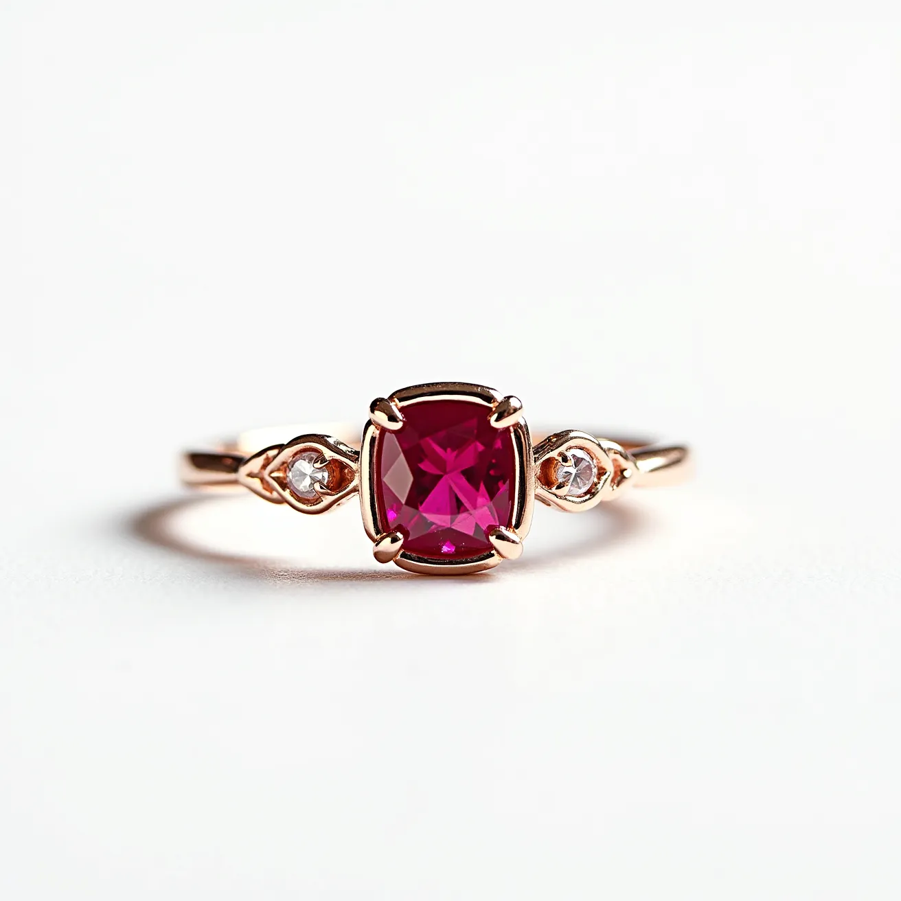 This ruby engagement ring features a central cushion-cut ruby framed by a four-prong setting, elegantly highlighting its vibrant red hue. The ring is crafted from rose gold, which complements the ruby with its warm tones. On either side of the ruby are two small round diamonds, each set in a delicate bezel setting that adds a touch of sparkle without overwhelming the main gemstone. The intricate design of the band, with its soft curves and detailed settings, enhances the overall elegance of the piece.