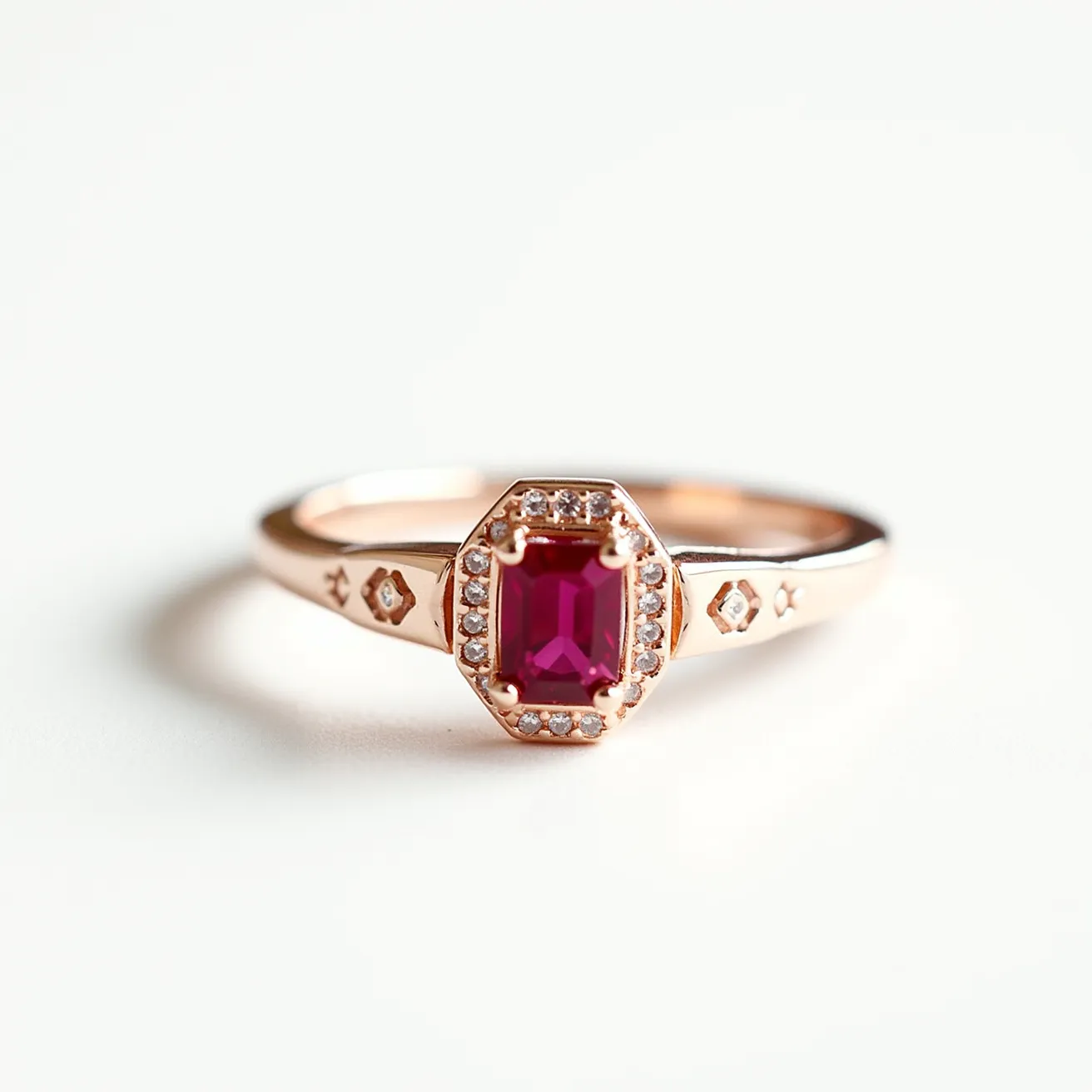 This ruby engagement ring features a striking emerald-cut ruby as the centerpiece, which is elegantly encircled by a delicate halo of small, sparkling diamonds. The setting is crafted in a warm rose gold, complementing the vibrant red hue of the ruby and adding a romantic touch to the design. The band showcases additional diamond accents on either side of the central stone, enhancing its luxurious appeal. This ring combines a classic and contemporary design, making it a beautiful choice for an engagement ring.