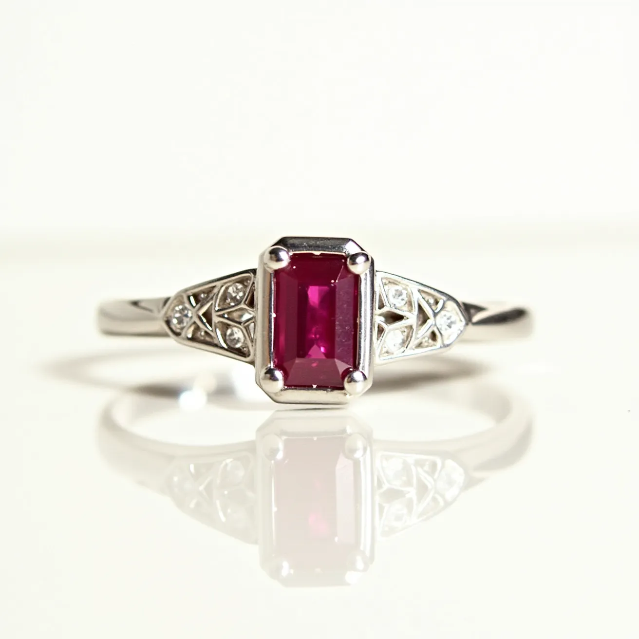 This ruby engagement ring features a striking rectangular emerald-cut ruby set at the center, held in place by a secure four-prong setting. The vibrant red gemstone is complemented by intricate filigree detailing on either side of the band, which is adorned with small, round-cut diamonds adding a touch of sparkle and elegance to the design. The band itself appears to be crafted from a polished white metal, likely white gold or platinum, providing a sleek and sophisticated backdrop that enhances the brilliance of the gems. The thoughtful combination of the ruby and the delicate diamond accents creates a harmonious and timeless aesthetic.