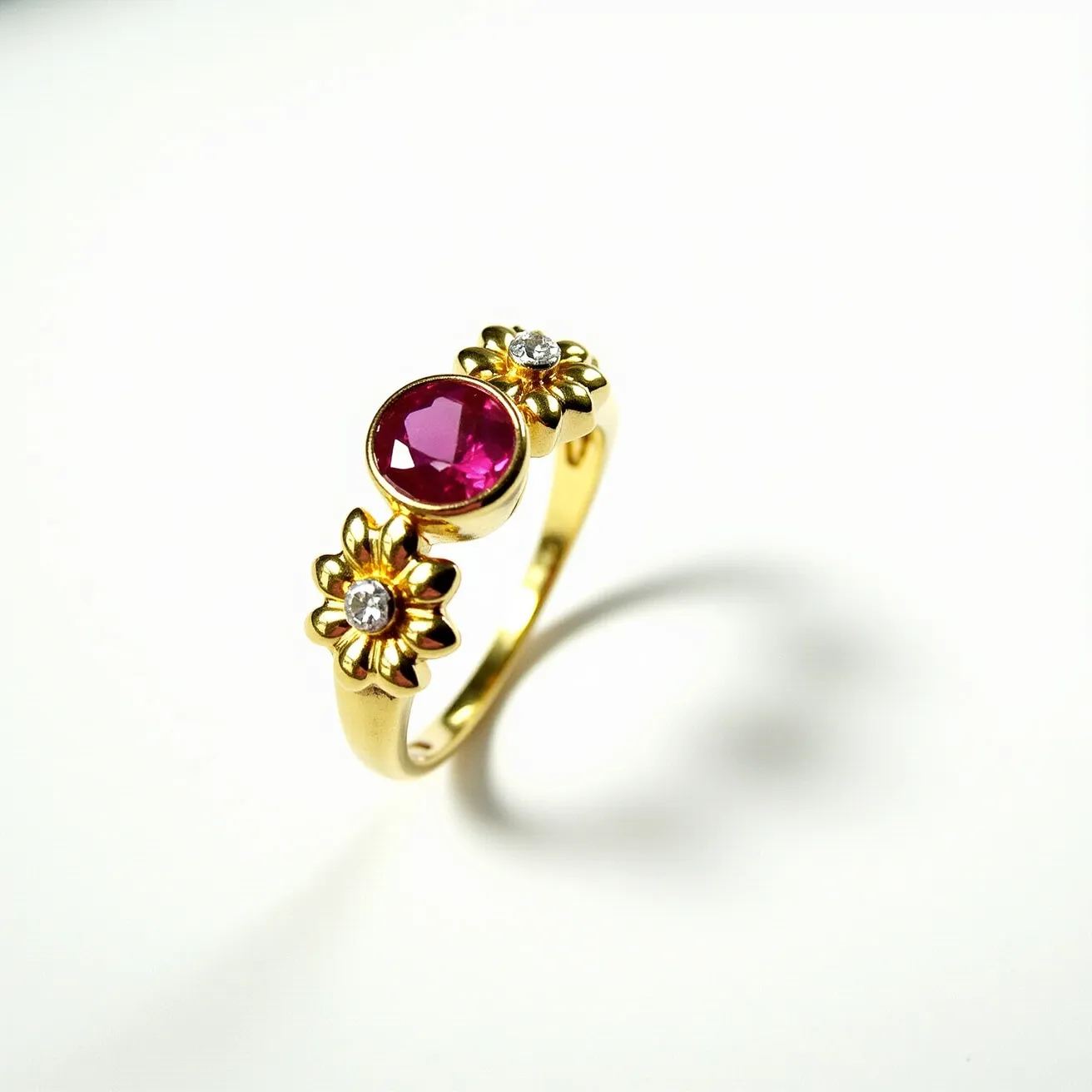 This ruby ring features a striking round-cut ruby set in a central bezel setting, highlighted by a band crafted from gold. On either side of the main stone, two small white gemstones, likely diamonds, are nestled within delicate floral settings, enhancing the ring's elegant design. The gold band flows smoothly, showcasing a polished finish that complements the vivid hues of the gemstones. The floral accents provide a charming touch, adding to the overall sophisticated and ornate appearance of the ring.