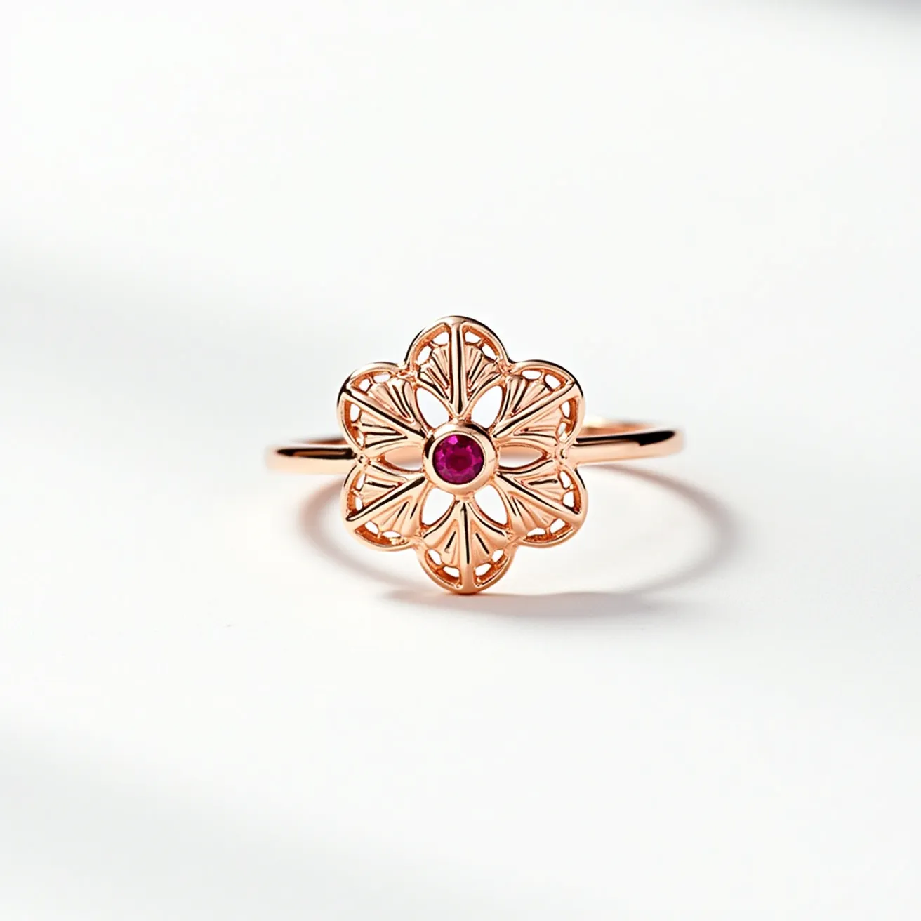 This ruby ring features a delicate floral design crafted from a warm-toned metal, likely rose gold, that forms an intricate, openwork pattern resembling a flower. At the center of the flower-like setting is a round-cut ruby, adding a vibrant splash of color to the piece. The ruby is held securely in place by a bezel setting which complements the overall elegance of the design. This ring captures a blend of vintage-inspired style and modern craftsmanship, showcasing the harmonious combination of the metal's hue and the ruby's rich tones.