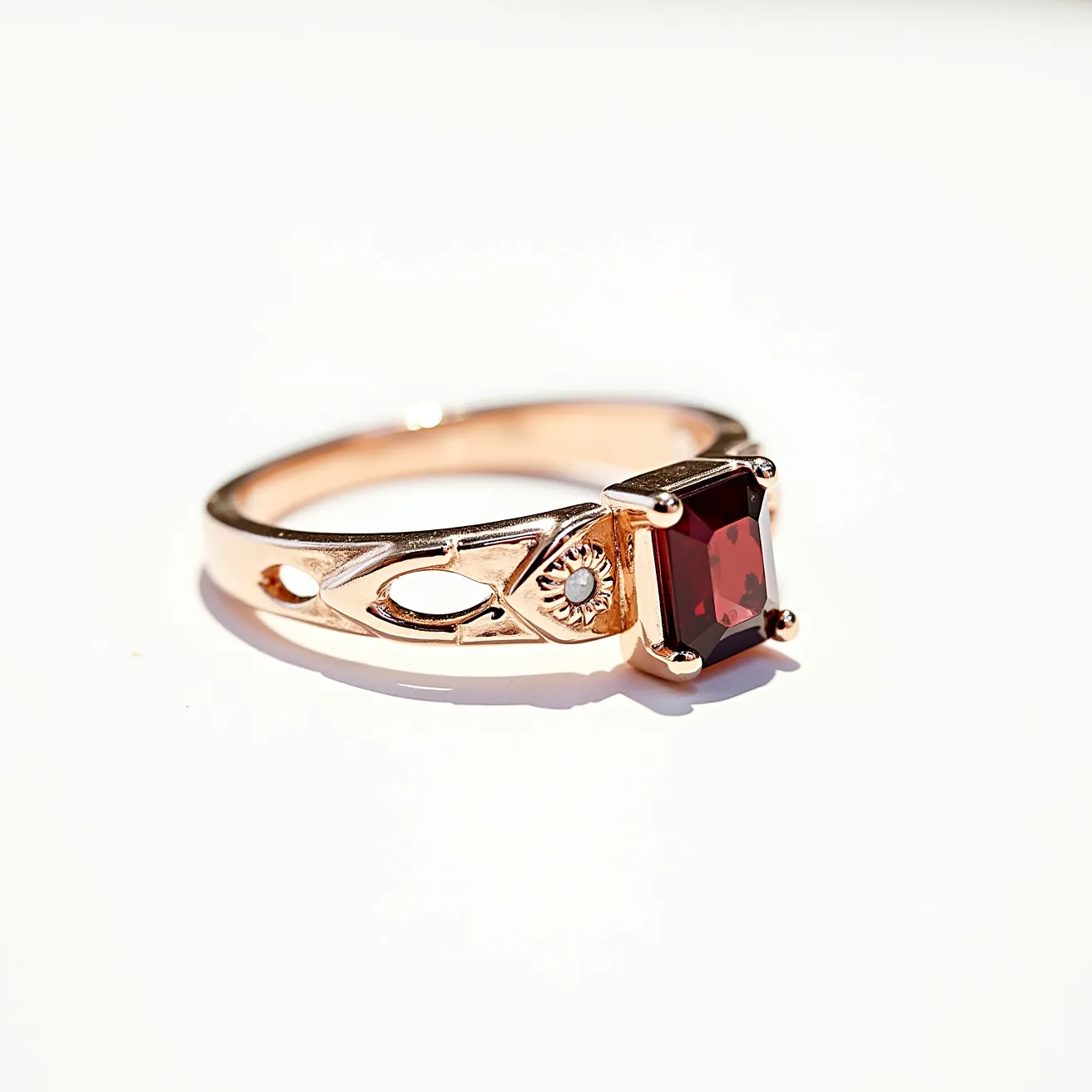 This ruby ring showcases an elegantly set rectangular cut ruby held by four prongs in a rose gold band. The band features intricate detailing with a small round white gemstone accentuated by a floral or sunburst design next to the main stone. The craftsmanship highlights a blend of classic elegance with a touch of modern design, enhancing the deep red hue of the central ruby and the warm glow of the rose gold.