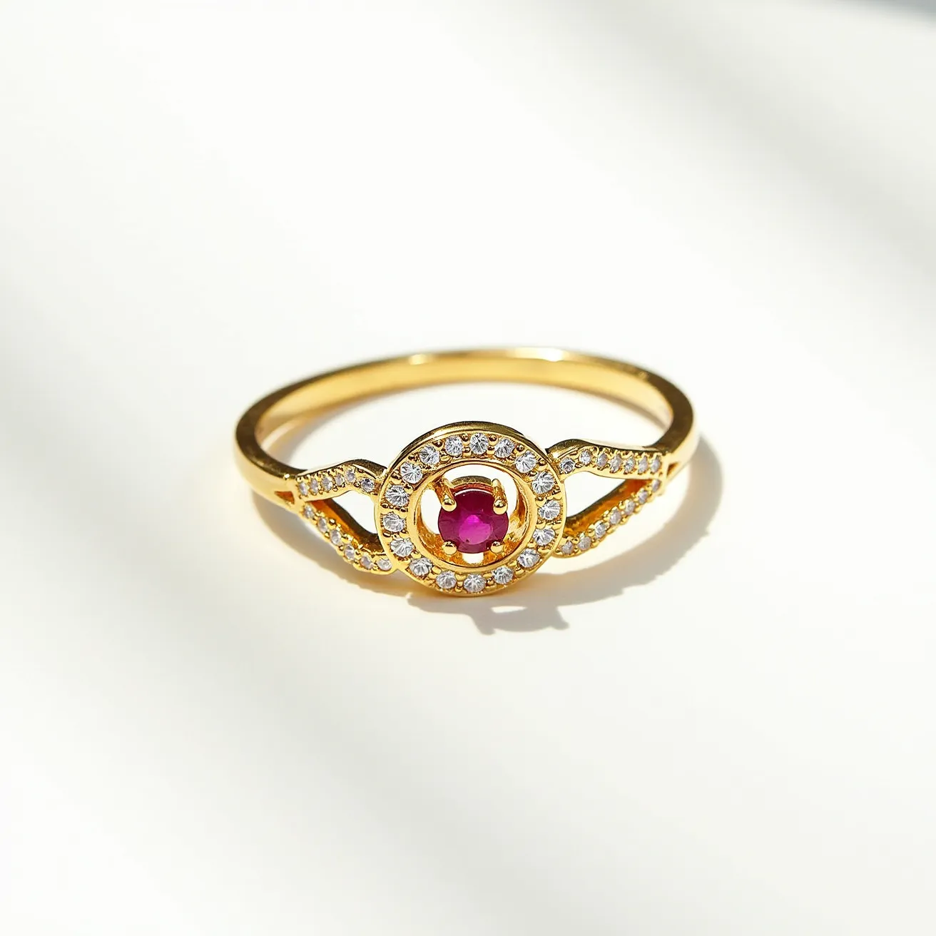 This ruby ring features a striking round-cut ruby set at its center, encircled by a halo of small, sparkling diamonds that accentuate its vibrant red hue. The main setting is crafted from yellow gold, which complements the gemstone's deep color and provides a luxurious contrast to the surrounding diamonds. The ring band showcases two rows of diamonds that extend from the central setting, adding extra brilliance and continuity to the design. The intricate craftsmanship highlights the attention to detail in the prong setting, ensuring the ruby and diamonds are securely held while allowing maximum light reflection.