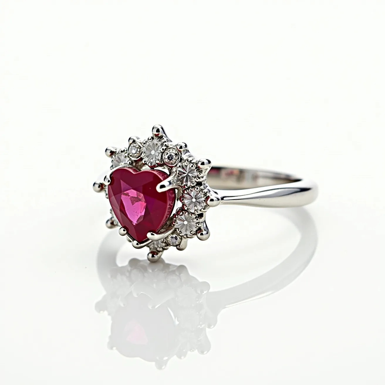 This ruby ring features a stunning heart-shaped ruby as its centerpiece, set in a sleek metal band likely made of white gold or platinum, providing a striking contrast to the vibrant red of the gemstone. Surrounding the central ruby are round-cut diamonds arranged in a halo setting, enhancing the brilliance and elegance of the ring. The diamonds are secured with prongs that add a decorative touch while holding the gems firmly in place. The band is smooth and polished, enhancing the overall sophisticated appearance of the piece.