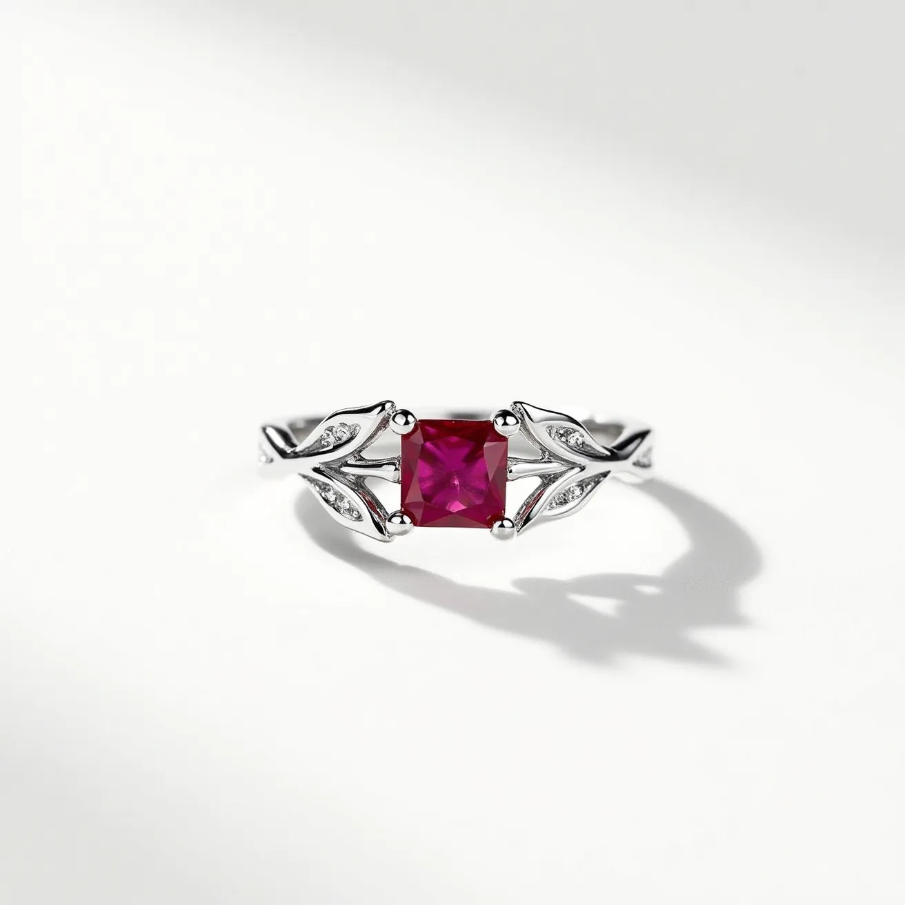 This ruby ring features a vibrant, square-cut ruby as its centerpiece, held securely in a four-prong setting. The band is crafted from a sleek metal, likely white gold or platinum, which complements the rich red of the ruby. Intricate leaf-like designs embellish the band on either side of the central stone, each accented with delicate, small round diamonds that add a subtle sparkle. This elegant design offers a blend of modern simplicity with nature-inspired elements, making it a striking piece of jewelry.