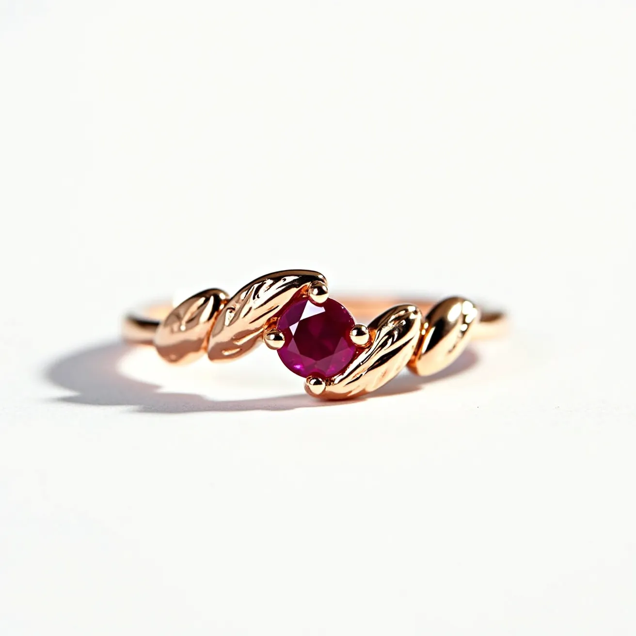 This ruby ring features a vibrant, round-cut ruby set in a prong setting, securely held by four claws. The band is crafted from a polished metal, likely rose gold, distinguished by its warm, pinkish hue. The design includes leaf-like embellishments that elegantly flank the central gemstone, enhancing its natural beauty and adding a touch of organic charm to the overall aesthetic. The prong setting not only secures the ruby but also elevates it, allowing light to pass through and enhance its brilliance. The thoughtful craftsmanship and choice of materials result in a sophisticated and timeless piece.