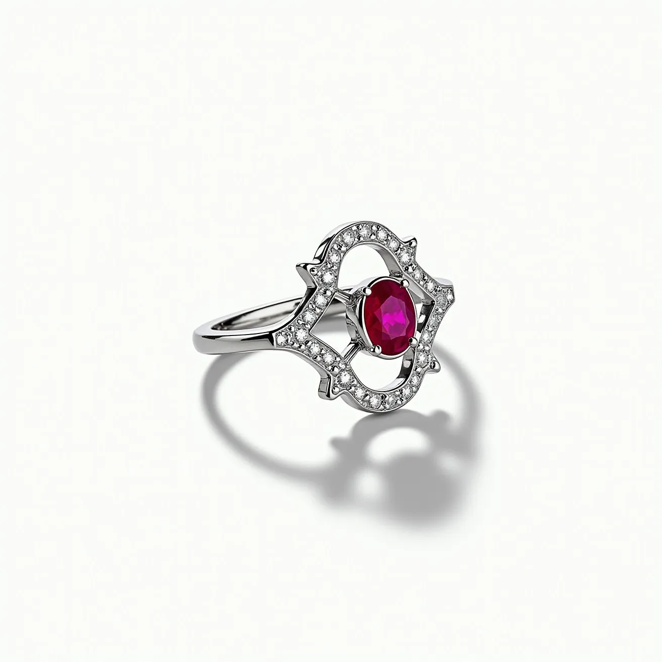 This ruby ring features a striking central ruby gemstone, cut in an oval shape, which is securely set in a four-prong mount. The delicate band is crafted from a shiny metal, likely white gold or platinum, which complements the vivid red of the ruby. Surrounding the central stone is an intricate, openwork design adorned with numerous small, round-cut diamonds that add a sparkling accent to the piece. The ring's combination of stones and metalwork showcases a blend of elegance and sophistication.