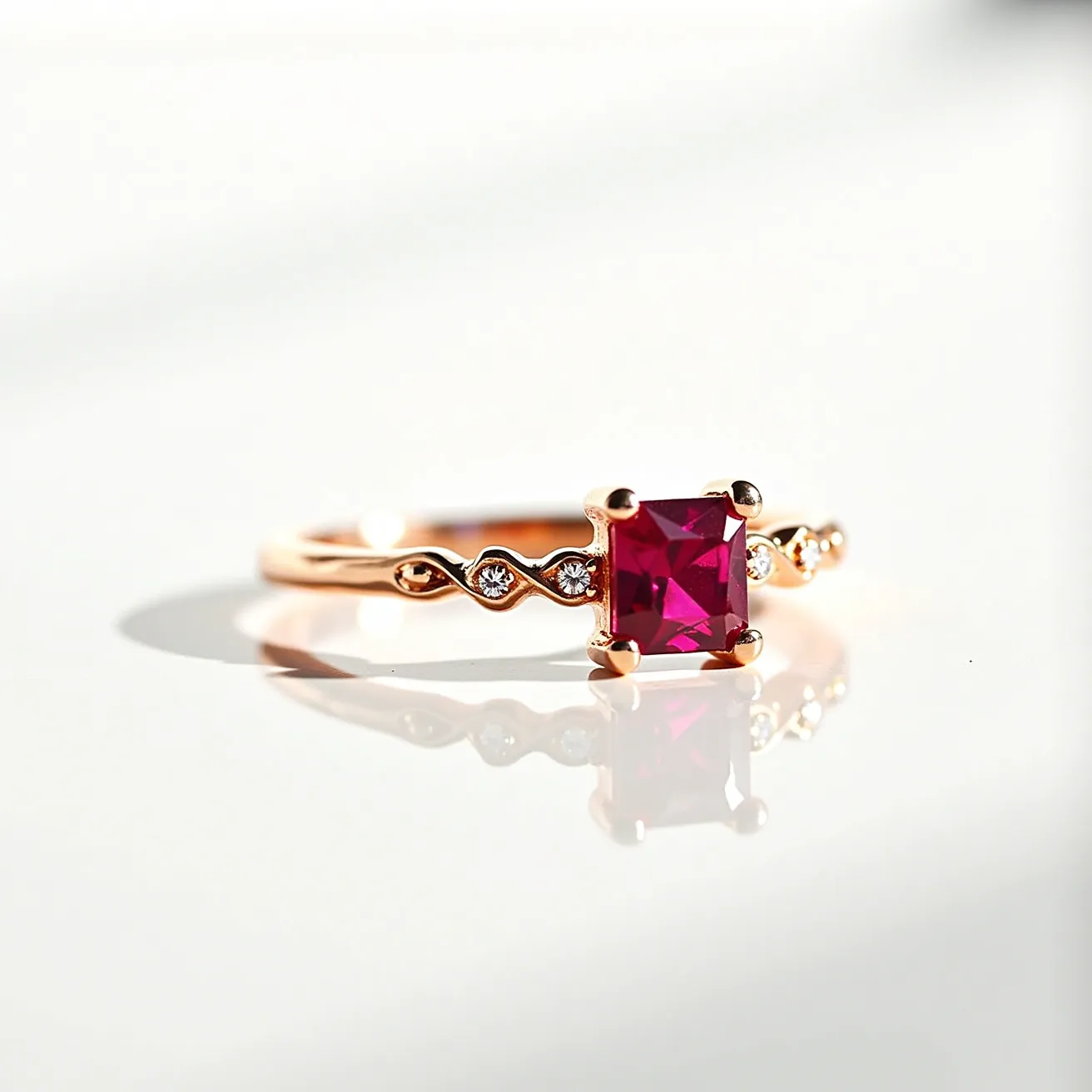 This ruby ring showcases a striking, square-cut ruby as its central gemstone, set in a refined prong setting that highlights its vibrant red hue. The band is crafted from a golden material, likely rose gold, which enhances the rich color of the ruby. Adorning the band are several small, round-cut diamonds, each nestled in an ornate design that adds an elegant, shimmering detail to the overall appearance. The combination of the ruby and diamonds, along with the intricately designed band, creates a sophisticated piece of jewelry that exudes luxury and style.