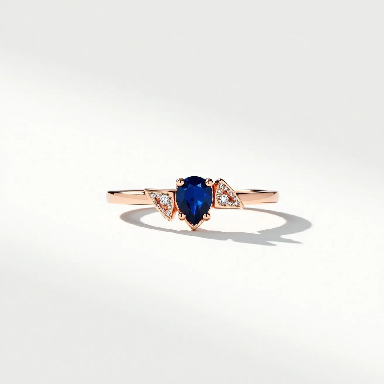 This sapphire ring features a striking pear-shaped blue sapphire at its center, set in a refined rose gold band. The sapphire is elegantly flanked by two triangular sections adorned with small round brilliant diamonds, adding a touch of sparkle and contrast to the deep blue of the sapphire. The band is sleek and polished, complementing the sophisticated design. The setting is a prong style that securely holds the gems, enhancing the overall elegance of the ring.