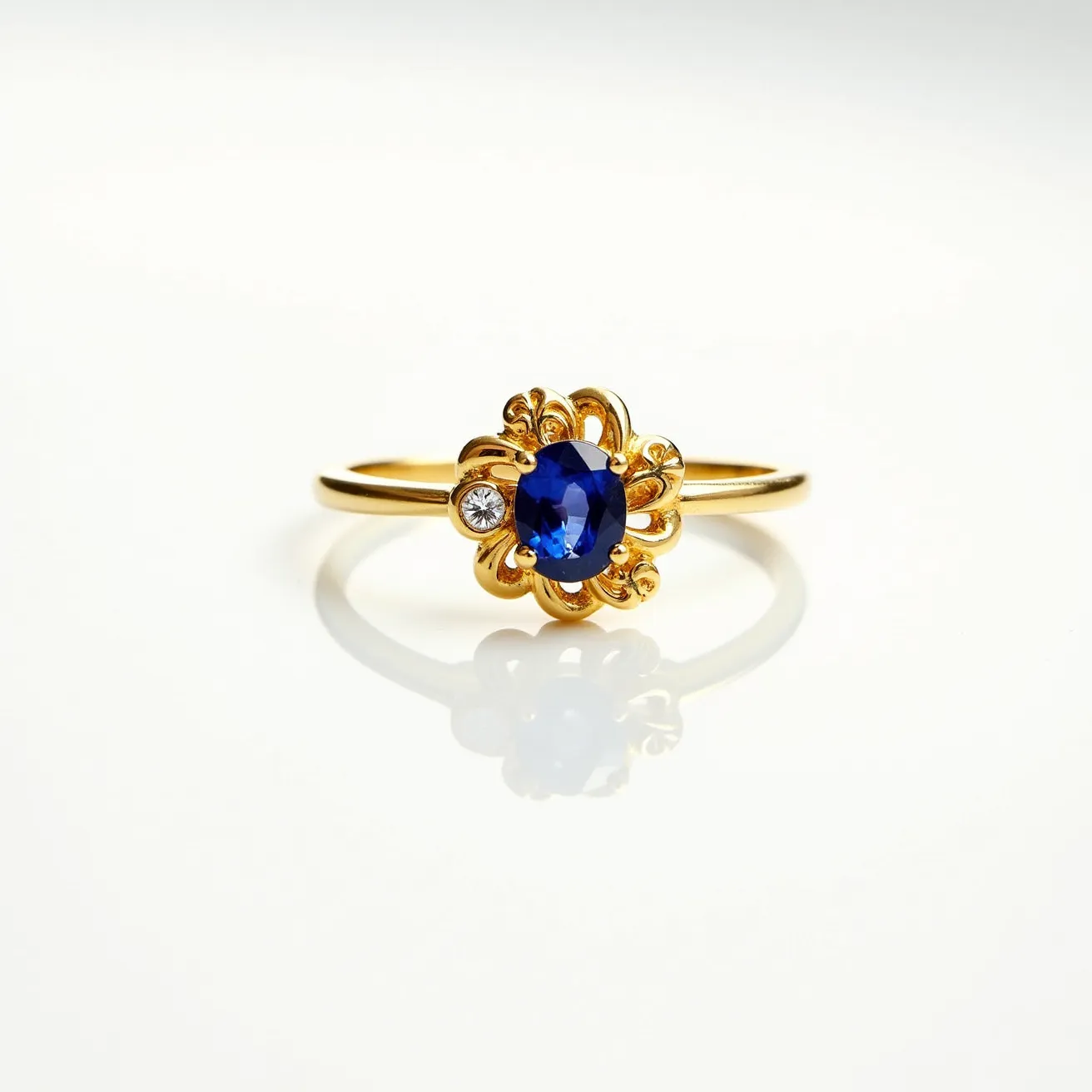 This sapphire ring showcases a stunning blue oval-cut sapphire at its center, set within an intricate gold setting that features ornate filigree details. Accompanying the central gem, a smaller round-cut diamond is set into the design, adding a touch of brilliance and contrast to the deep blue of the sapphire. The band is crafted from polished gold, providing a classic and elegant backdrop that complements the rich hues of the gemstones. The setting appears to securely hold the stones, ensuring both beauty and durability.