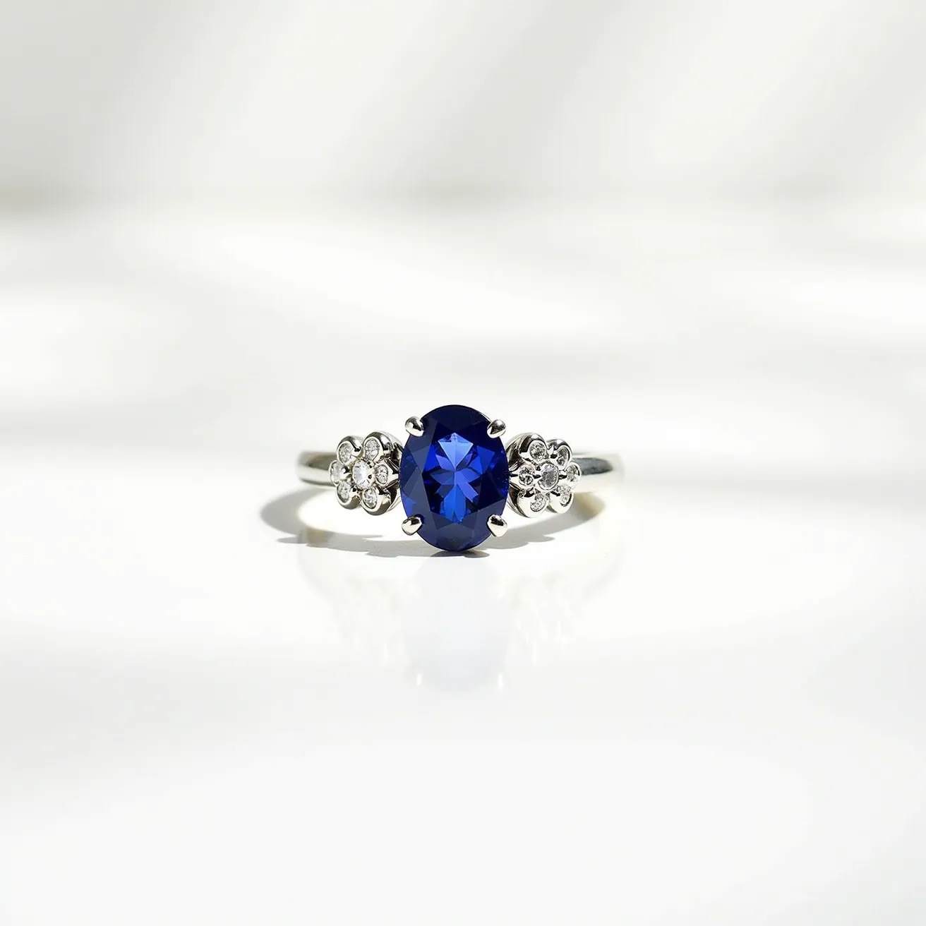 This sapphire ring features an exquisite oval-cut blue sapphire as its centerpiece, set in a classic prong setting. Flanking the central stone on either side are small clusters of round-cut diamonds, each arranged in a floral motif, adding a touch of elegance and contrast to the deep blue sapphire. The band is crafted from a lustrous white metal, likely white gold or platinum, which complements the brilliance of the stones. This combination of materials and design elements creates a timeless and sophisticated piece of jewelry.