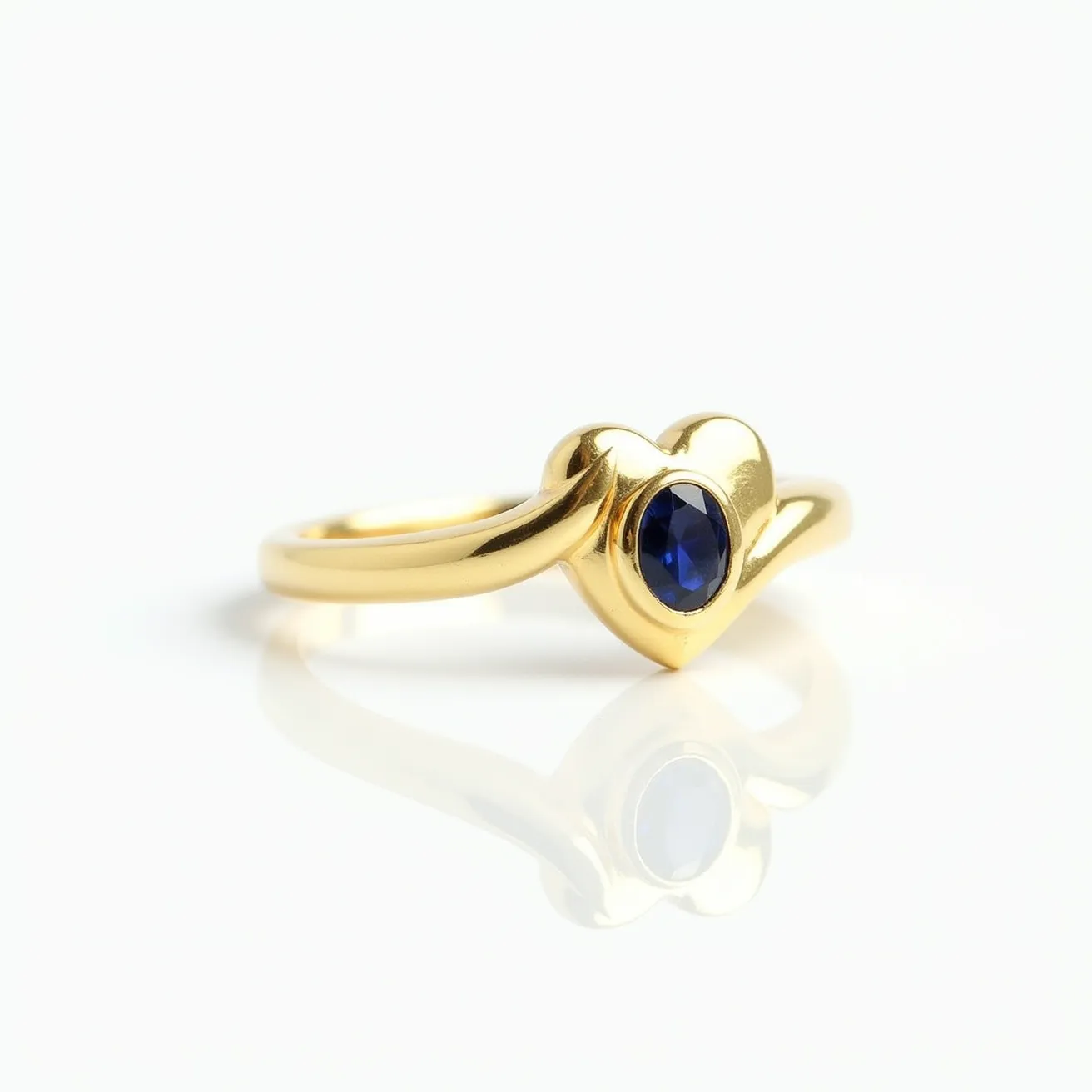 This sapphire ring features a deep blue sapphire gemstone, oval in shape, set in a bezel style that secures it seamlessly within the design. The ring is crafted from a polished gold metal that forms a heart shape around the sapphire, adding an elegant and romantic touch. The smooth band complements the overall aesthetic, offering both comfort and style in its design. The combination of the rich blue sapphire and the warm gold setting creates a striking and timeless piece of jewelry.