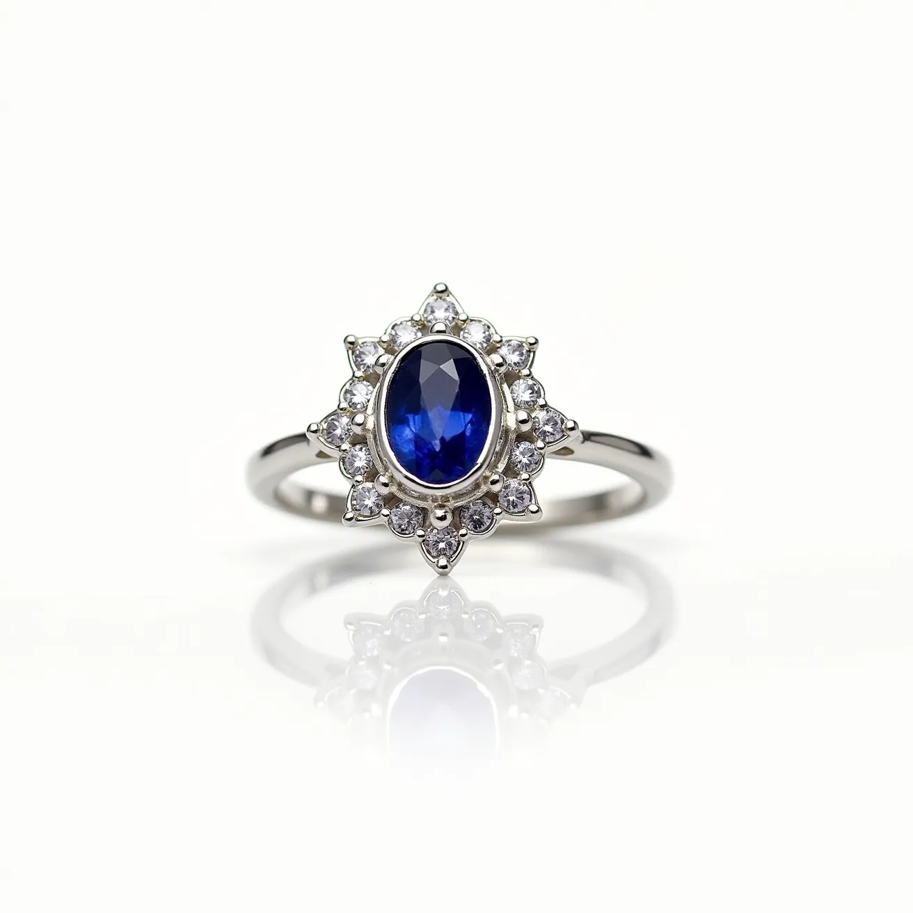 This sapphire ring features a striking oval-cut sapphire as its centerpiece, set in a refined metal band that appears to be white gold or platinum. Surrounding the central sapphire is a halo of round-cut diamonds, arranged in a starburst pattern that accentuates the deep blue of the sapphire. The stones are secured in a prong setting, ensuring stability and showcasing each gem's brilliance. The band is smooth and polished, providing a sleek and elegant finish that complements the intricate detailing of the gemstone arrangement.