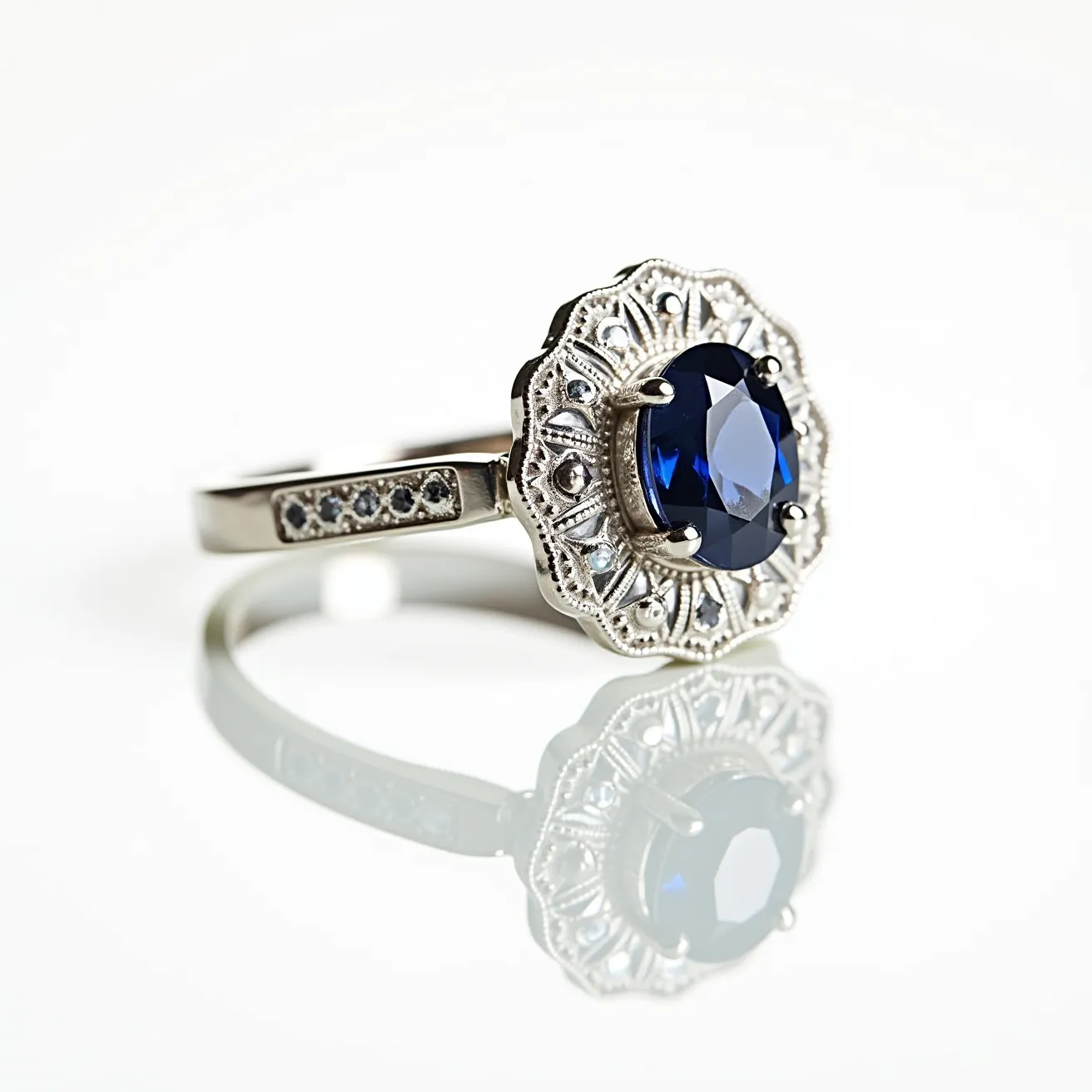 This sapphire ring features a stunning blue sapphire as its centerpiece, cut in an oval shape and securely set in a claw setting. The band of the ring is crafted from white metal, likely white gold or platinum, and is adorned with small round accent diamonds embedded along the shank, adding to its elegance. The setting around the sapphire includes intricate metalwork that enhances the vintage aesthetic of the ring, with scalloped edges and additional small round diamonds that provide extra sparkle. The overall design highlights a sophisticated combination of gemstones and metalwork, contributing to an elegant and timeless piece.