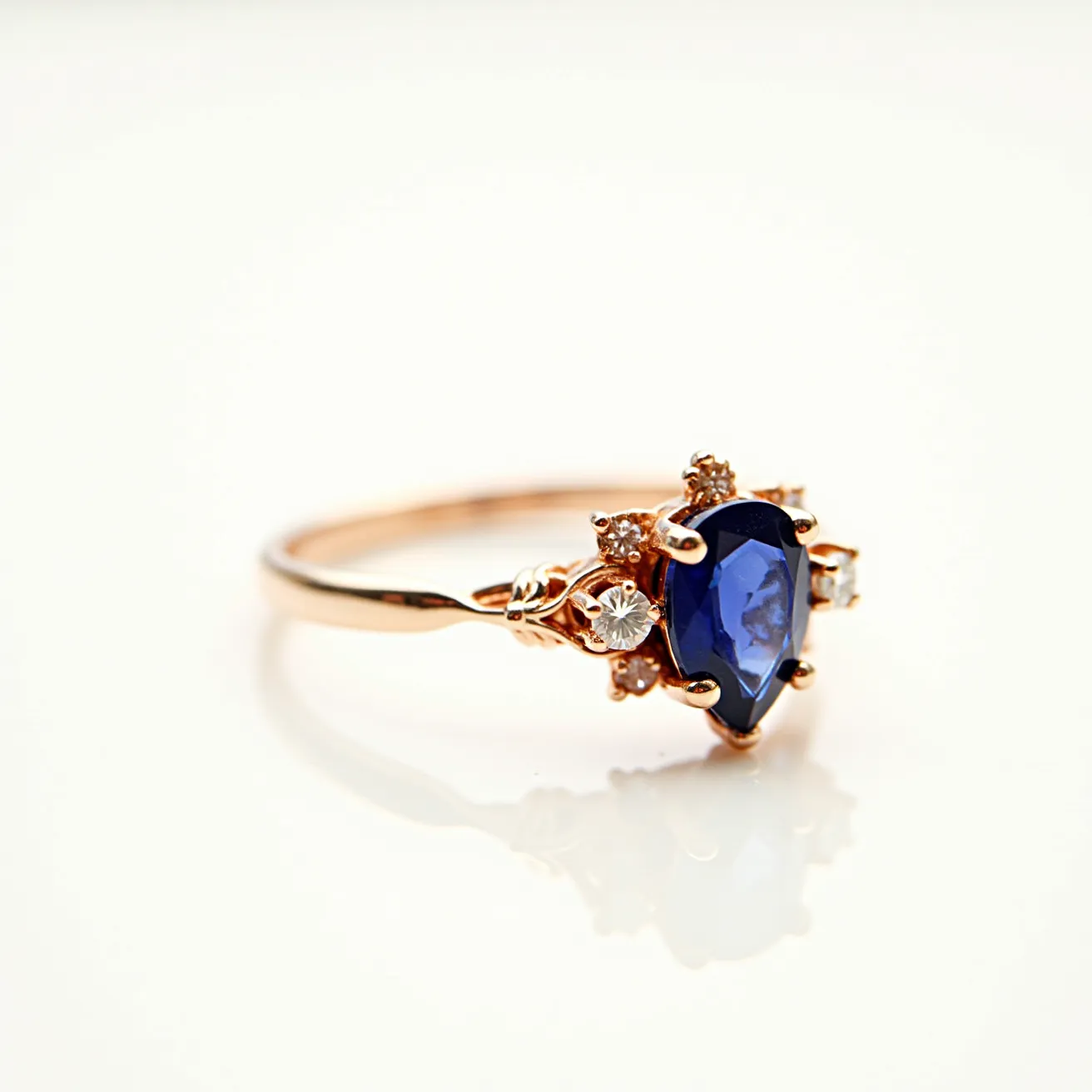 This sapphire ring features a striking pear-cut sapphire as the centerpiece, set in a finely crafted gold band. The sapphire is surrounded by smaller round diamonds, enhancing its regal appearance with their sparkle. The setting is a delicate prong style, which securely holds the gemstones while allowing light to illuminate them brilliantly. The overall design is elegant and vintage-inspired, making use of materials like gold, sapphire, and diamonds to create a delicate yet luxurious piece of jewelry.