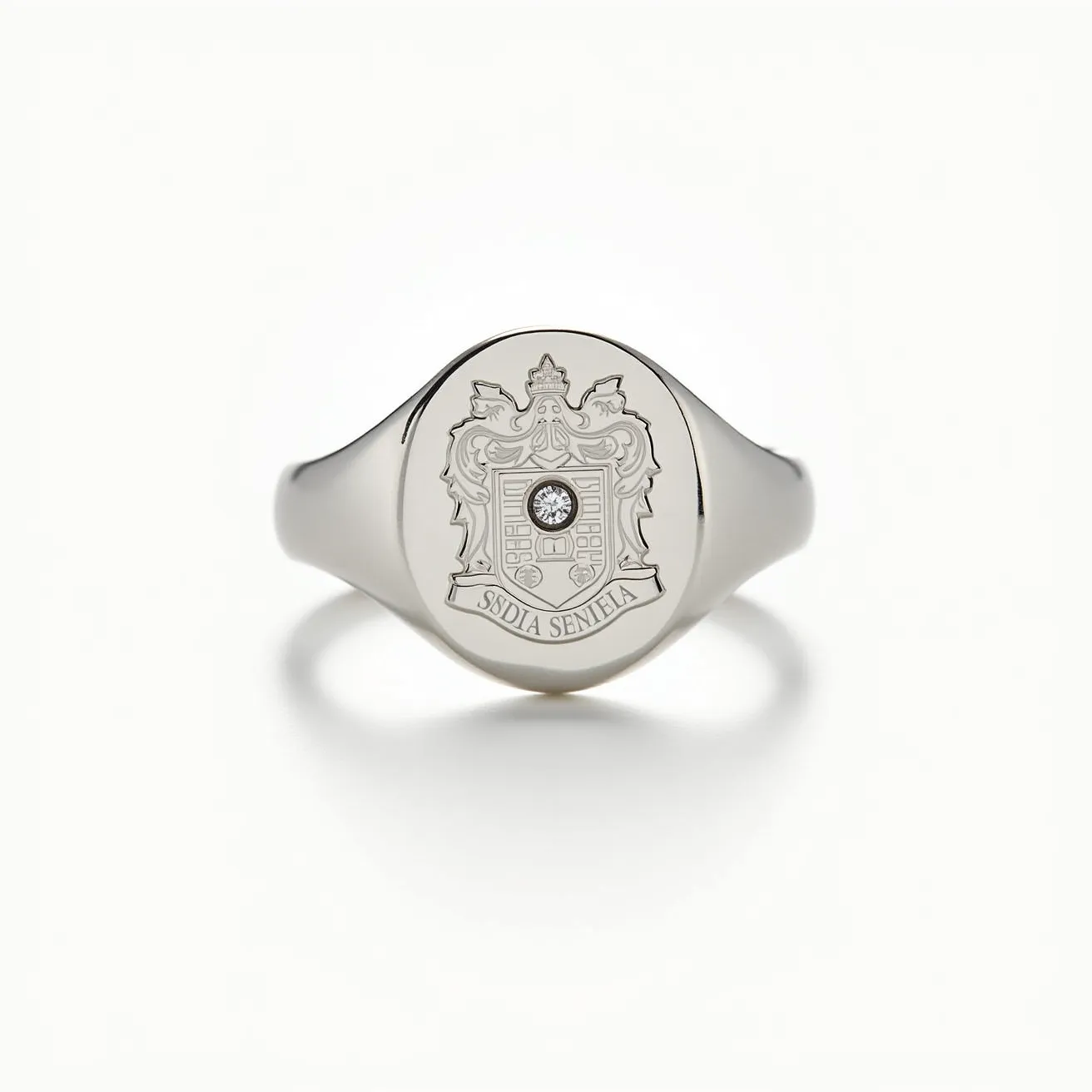 This signet ring features a sleek metal band likely crafted from a polished silver or white gold. The oval face of the ring is emblazoned with an intricately engraved crest, highlighted by a single, centrally set round-cut diamond, mounted securely within the shield's design. The gemstone adds a touch of elegance to the ring's heraldic motif. The metal band seamlessly integrates with the ring's face, ensuring a smooth and cohesive appearance. The craftsmanship and design suggest a blend of tradition and sophistication, making it suitable for both formal and everyday wear.