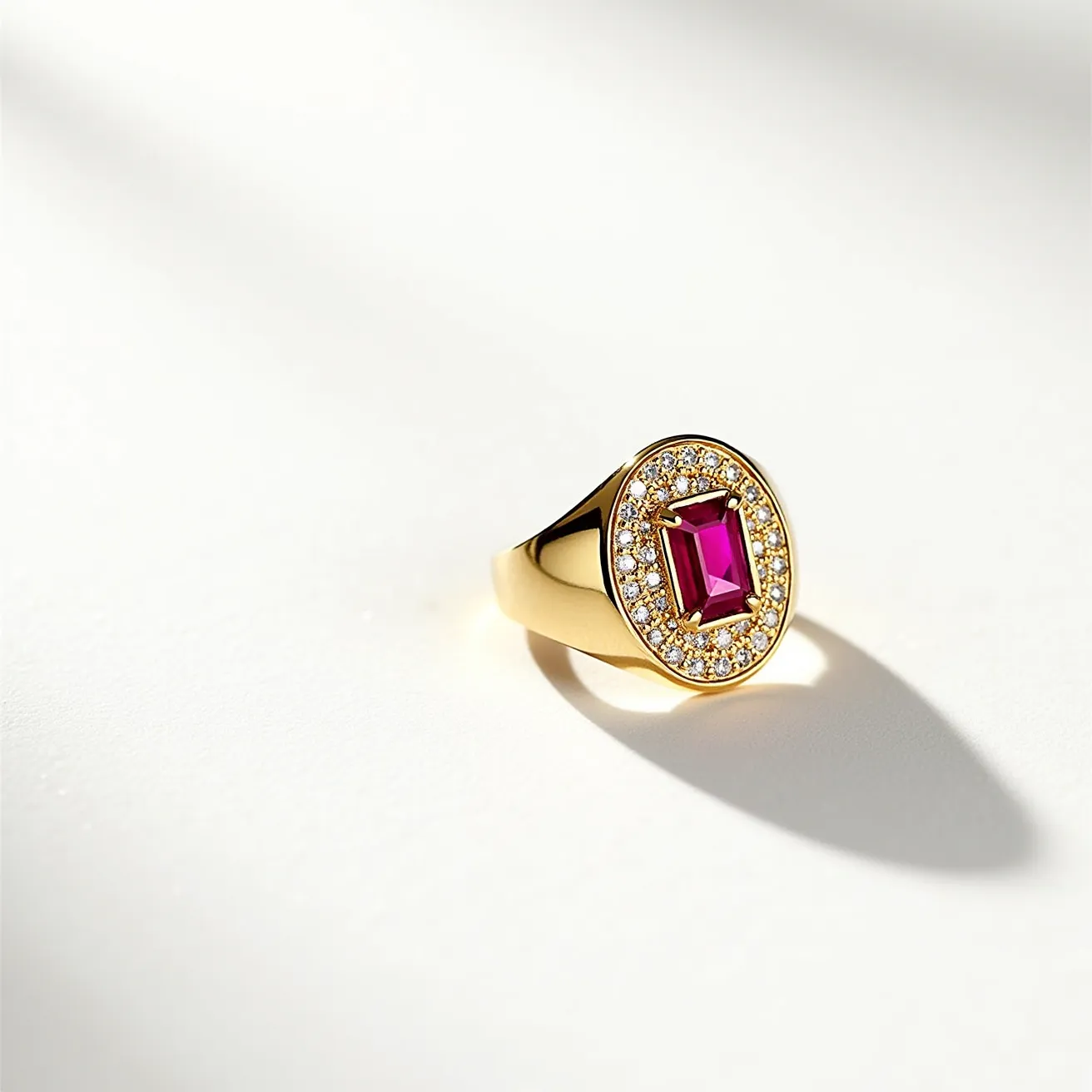 This signet ring features a polished gold band with a prominent oval-shaped setting. At its center is a striking emerald-cut ruby, held securely in a bezel setting that highlights the stone's vibrant red hue. Surrounding the ruby is a border of small, brilliant-cut white diamonds, which are meticulously arranged in a pavé setting, adding a scintillating array of sparkle. The ring's design is both classic and refined, with the gemstones complementing the luxurious sheen of the gold, creating an elegant piece suitable for formal occasions.