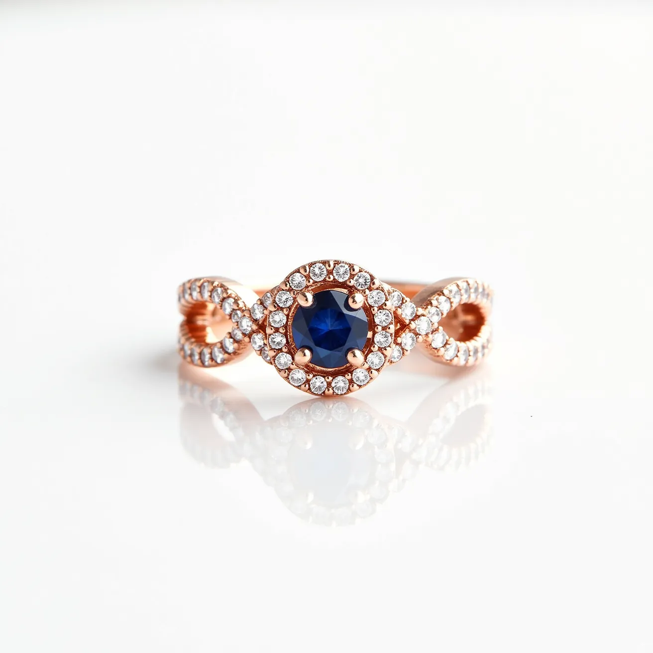 This silver promise ring showcases a polished rose gold finish, enhancing its elegant charm. The design features a prominent round-cut blue sapphire, secured in a four-prong setting at its center, imparting a regal touch. Surrounding the sapphire is a halo of small, brilliant-cut white stones in a pavé setting, creating a shimmering effect. The band intricately weaves in an infinity pattern, further adorned with pavé-set white stones, symbolizing eternal love and commitment. This exquisite craftsmanship makes it a captivating piece of jewelry.