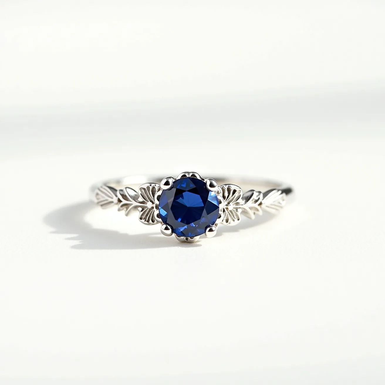 This silver promise ring features an elegant band crafted from polished silver, adorned with intricate leaf designs along the shank. At its center is a round-cut deep blue gemstone, securely set in a six-prong setting, which enhances its brilliance and draws attention to its vibrant color. The artistic leaf motifs on the band complement the gemstone's beauty, creating a harmonious and nature-inspired design. The combination of silver and the blue gem gives the ring a classic yet distinctive appearance, perfect for symbolizing a special promise.