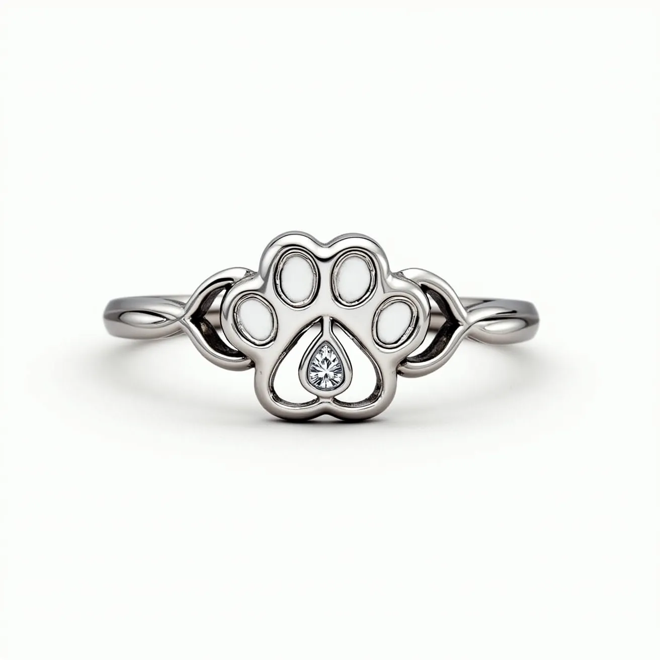 This Snoopy ring showcases a paw-shaped design crafted from a shiny metal, likely silver or white gold, featuring smooth curves and a polished finish. The centerpiece of the paw includes a small, round brilliant-cut diamond set within a heart shape, adding a touch of elegance and sparkle to the piece. The ring band is delicately curved, seamlessly integrating with the paw design, and suggests a secure and comfortable fit without the presence of any visible clasps or attachments. The overall look of the ring is whimsical yet elegant, evoking a sense of playful sophistication.