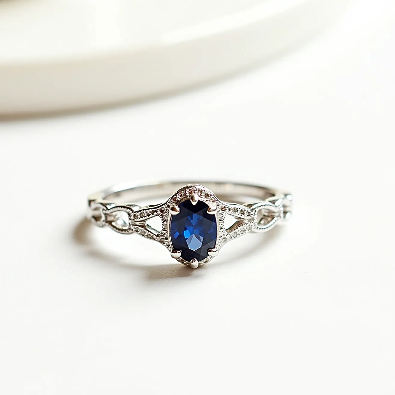 This solitaire ring features a dazzling blue oval-cut gemstone, centrally placed in a delicate prong setting. The band appears to be made of a lustrous silver or white gold material, intricately designed with a pattern of small, sparkling accent stones embedded along its slightly split shank. The combination of the deep blue center stone and the shimmering accents gives the ring a sophisticated and elegant appearance, making it an exquisite piece of jewelry.