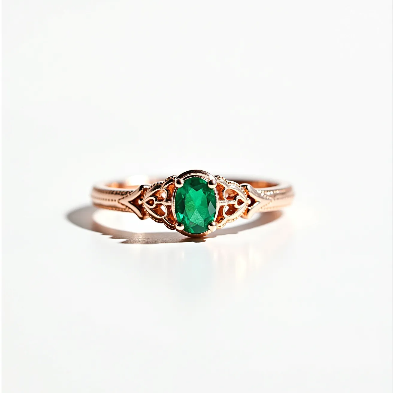 This solitaire ring features an elegant oval-cut green gemstone, likely an emerald, set in a secure prong setting. The band is crafted from a warm, rose gold metal, enhancing the vibrant color of the stone. Delicate ornamental designs flank the gemstone, adding intricate detail to the setting. The band showcases a fine beaded texture, providing a sophisticated touch to the overall aesthetic.