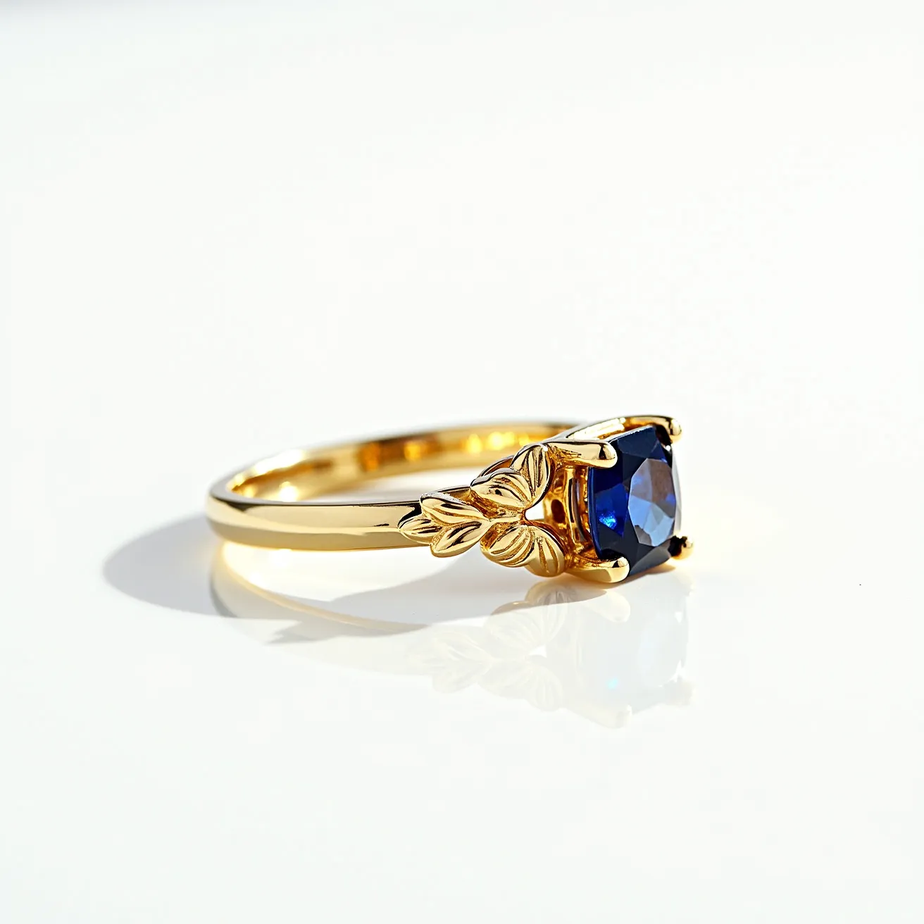 This Solomon's ring features a gold band with intricate leaf motifs as part of its design. At the center, it holds a deep blue gemstone, likely a sapphire, with a cushion cut that enhances its brilliance. The stone is securely set in a prong setting, which allows maximum light to enter the gem, highlighting its color and clarity. The overall craftsmanship showcases a blend of elegance and natural inspiration.