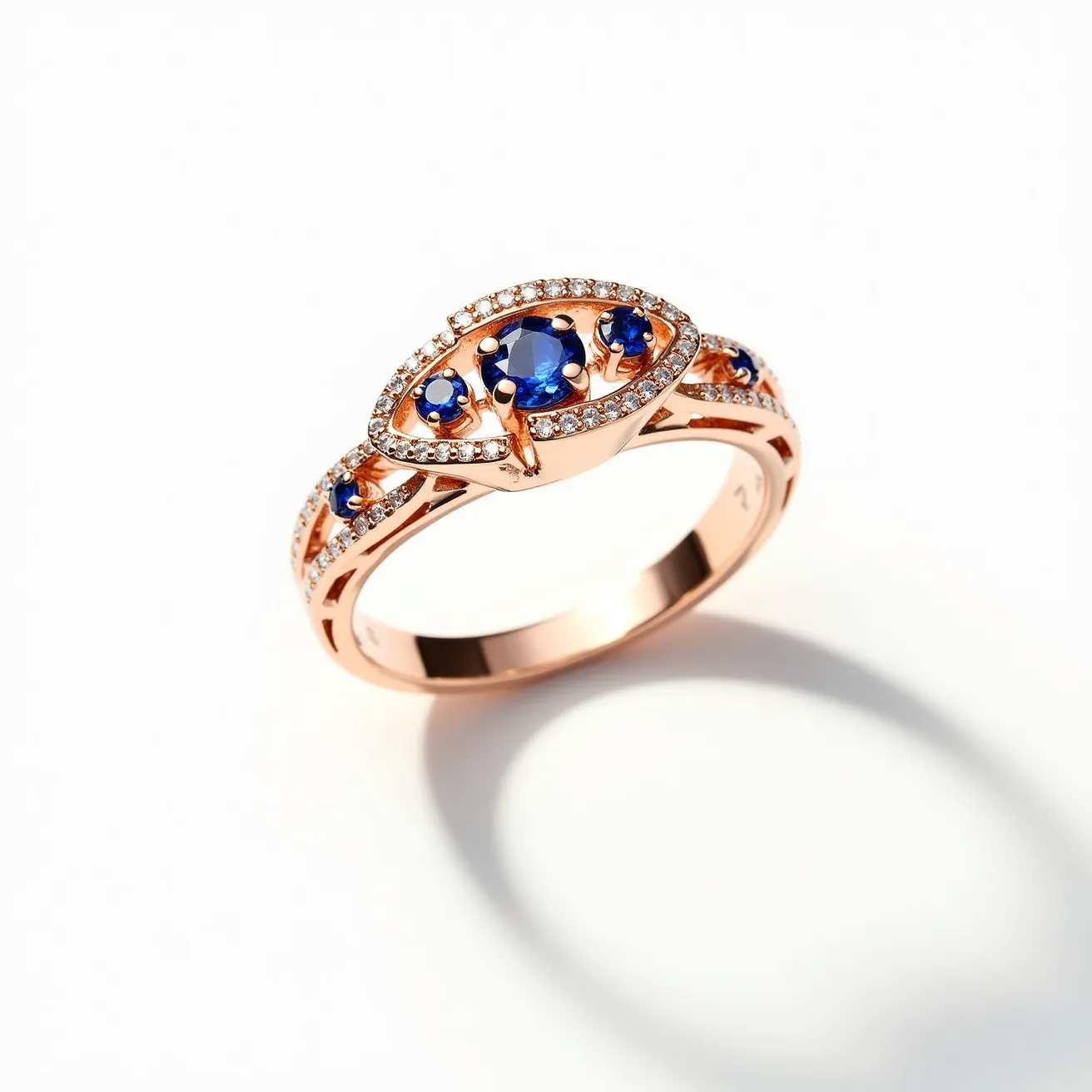 This Solomon's ring features a beautifully crafted rose gold band, elegantly adorned with a series of deep blue sapphires and accentuated by numerous small, brilliant-cut diamonds. The central arrangement of the round-cut sapphires is set in a unique marquise design, highlighted by a surrounding halo of pavé-set diamonds. Additional sapphires and diamonds embellish the shoulders of the band, contributing to the ring's opulent and harmonious design. The combination of the warm tone of rose gold with the vibrant blue of the sapphires and the sparkling clarity of the diamonds creates a striking and sophisticated appearance.