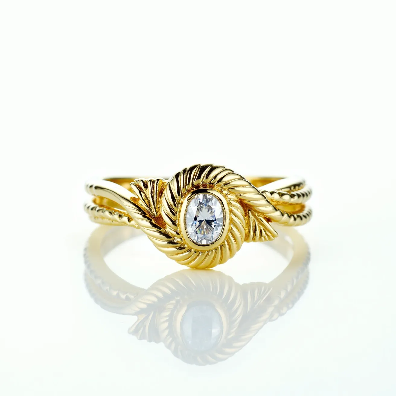 This Solomonic ring is crafted from gold, featuring a twisted rope design that gracefully wraps around the finger. At its center, the ring showcases a brilliant oval-cut diamond, securely nestled within a bezel setting, which adds both elegance and durability. The overall aesthetic blends a classic, regal appearance with intricate detailing, making it a notable piece of jewelry.