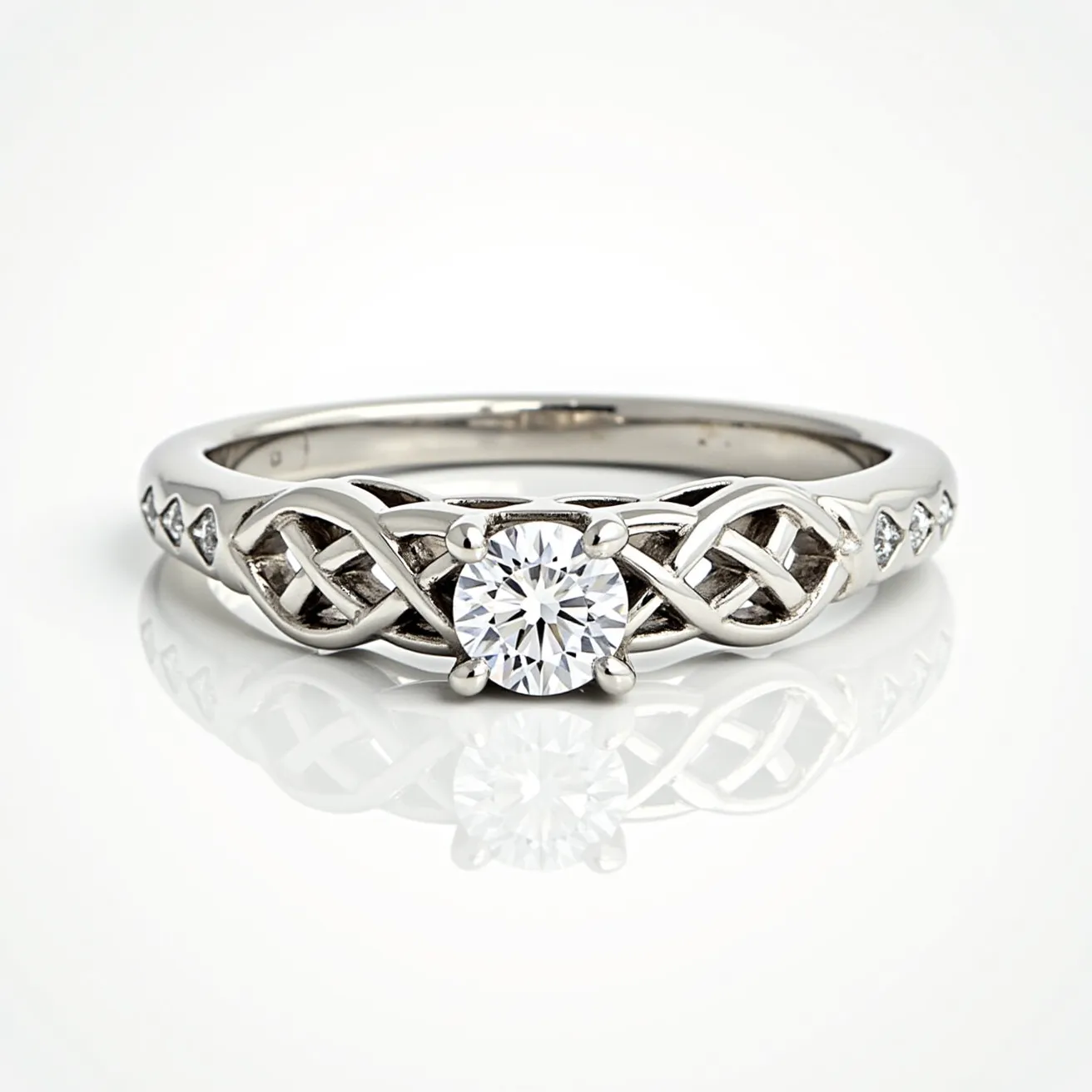 This Solomon's ring features a blend of intricate craftsmanship and elegant design. The band is crafted from a lustrous metal, likely silver or white gold, adorned with an ornate Celtic knot pattern. At its center is a dazzling round-cut gemstone, likely a diamond, set securely in a classic prong setting that enhances its brilliance. Smaller round gems are embedded along the band, adding subtle sparkle to the piece. The design of the ring showcases both artistry and elegance, making it a unique and stunning piece of jewelry.