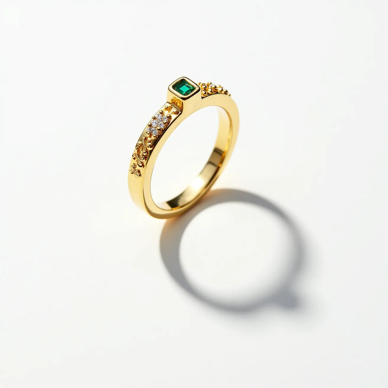 This solomons ring features a sleek gold band adorned with an elegant arrangement of gems. At its center is a striking, square-cut emerald, set in a bezel setting that provides a modern touch while ensuring the gem remains secure. Flanking the emerald are small, round diamonds, prong-set to catch the light and add a subtle sparkle. The combination of the vibrant green emerald and the brilliant white diamonds against the yellow gold creates a classic, opulent contrast, enhancing the ring's regal appearance.