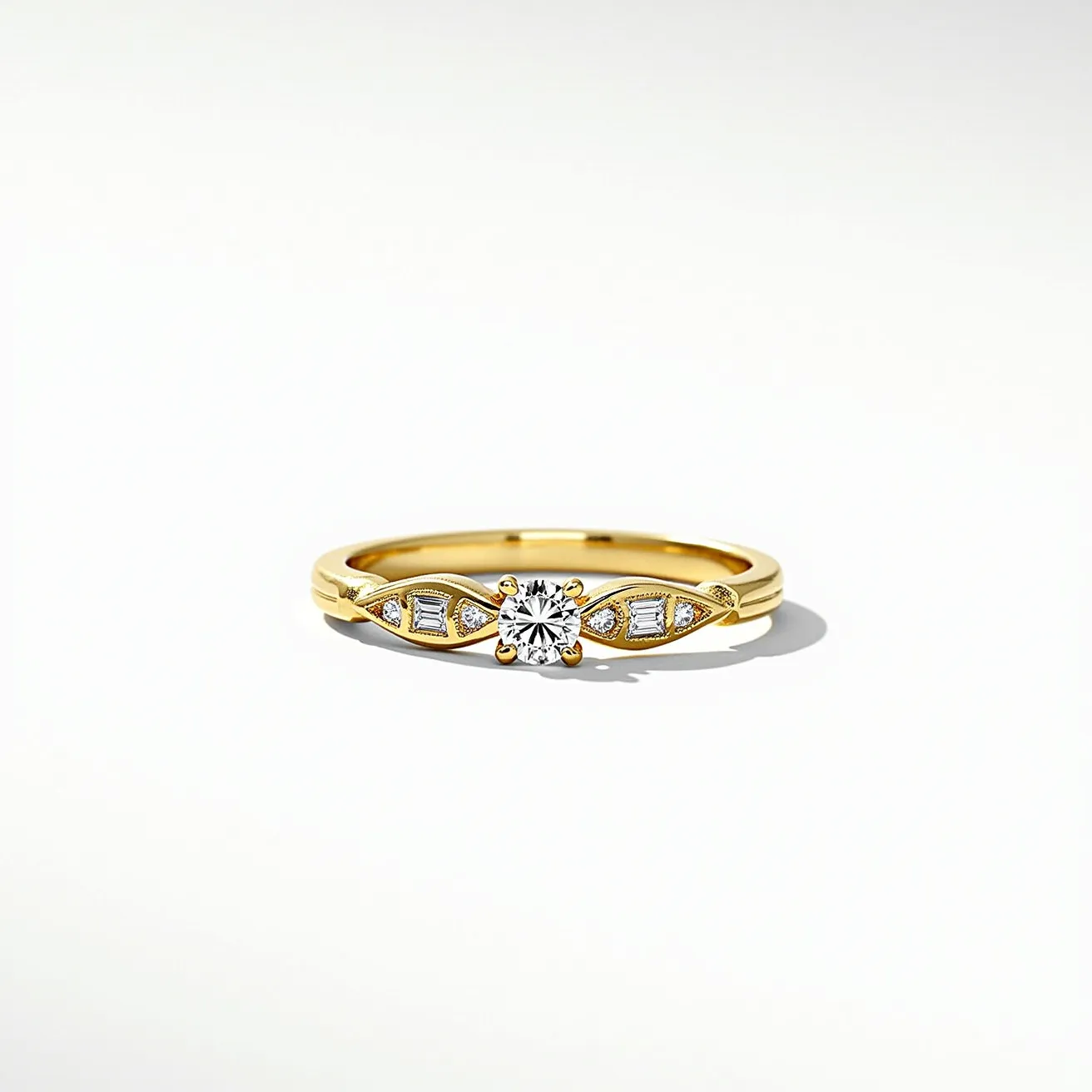 This stackable diamond ring features a sleek gold band, elegantly set with a central round brilliant-cut diamond. The main diamond is flanked on either side by a symmetrical arrangement of smaller baguette-cut diamonds and round bezel-set accent stones, creating a harmonious balance of shapes and sparkle. The setting showcases intricate details that enhance the brilliance of the gems, with a focus on the central diamond as the focal point. The gold band appears smooth and polished, designed for comfortable wear and easy stacking with other rings.