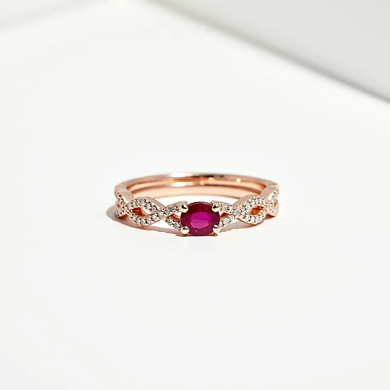 This stackable diamond ring features a delicate design crafted from rose gold. The centerpiece is an oval-cut ruby, held securely in a prong setting. The band is adorned with small, round brilliant-cut diamonds that are intricately set in a decorative, intertwined pattern, enhancing the overall elegance of the piece. The combination of stones and the meticulous craftsmanship make this ring a striking and versatile accessory for various occasions.