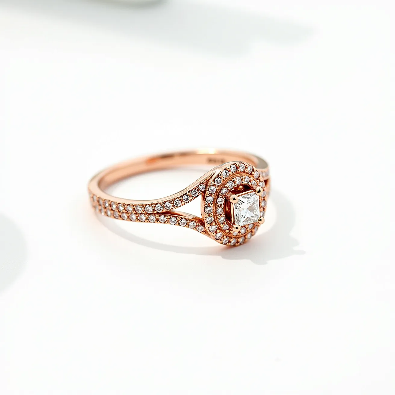 This stackable engagement ring features a rose gold band adorned with numerous small, round, pavé-set diamonds that accentuate its elegant structure. At the center, there is a prominent square princess-cut diamond held securely in a four-prong setting, which is surrounded by an additional halo of pavé-set diamonds that add extra brilliance and depth. The design allows for stacking with complementary bands, enhancing its versatility and creating a layered, luxurious effect.