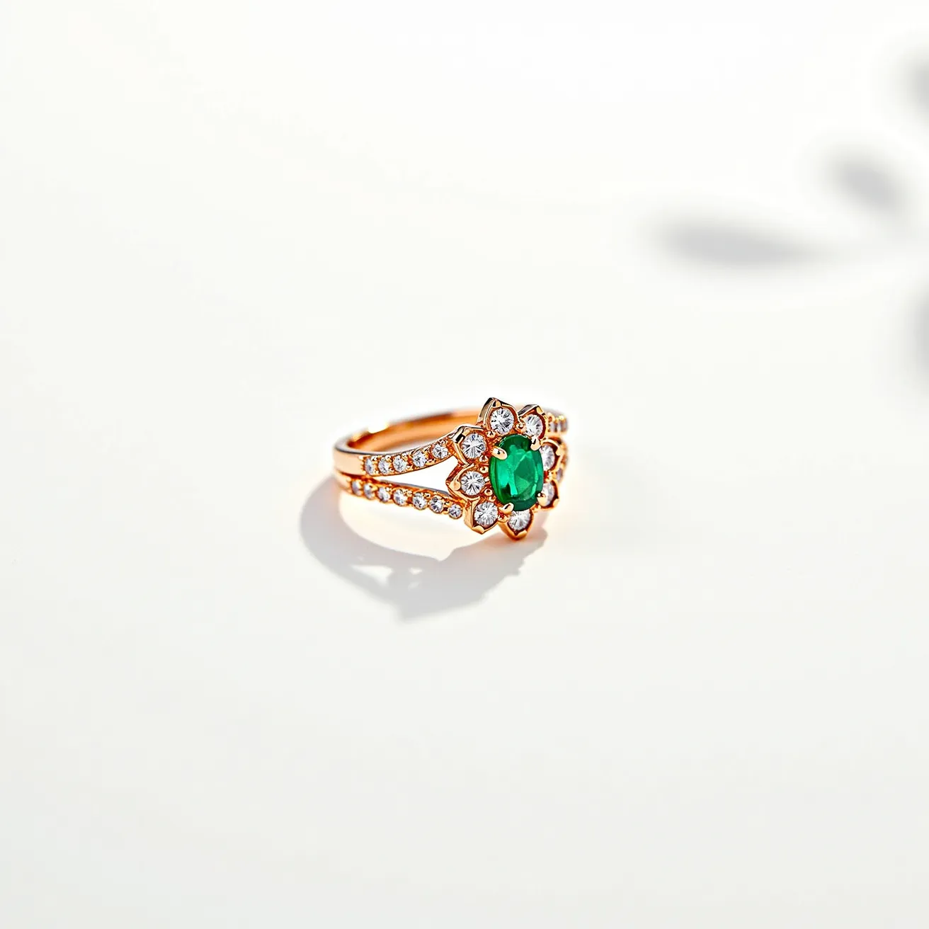 This stackable engagement ring features a luxurious design with a central oval-cut green gemstone, likely an emerald, elegantly set as the focal point. It is surrounded by a halo of smaller round diamonds that enhance its brilliance and form a floral motif. The ring band is crafted from a lustrous gold material and is embellished with a row of pave-set diamonds that extend partially around the band, adding to the ring's sparkle and sophistication. The overall design is enhanced by the split shank setting, which provides an elegant and contemporary touch.