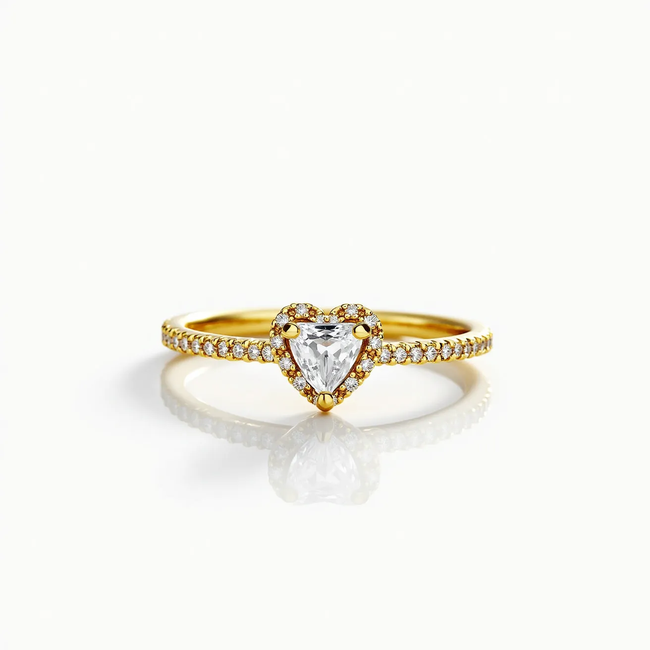 This stackable engagement ring features a stunning heart-shaped diamond as the centerpiece, set in a luxurious yellow gold band. The central heart-cut gem is secured with a classic three-prong setting, enhancing its brilliance and elegance. The band is elegantly adorned with a series of small, round diamonds, pave-set, adding a continuous sparkle that complements the main stone. The design allows for stacking with other rings, creating a personalized and layered look, while the blend of gold and diamonds imparts a timeless and sophisticated appeal.