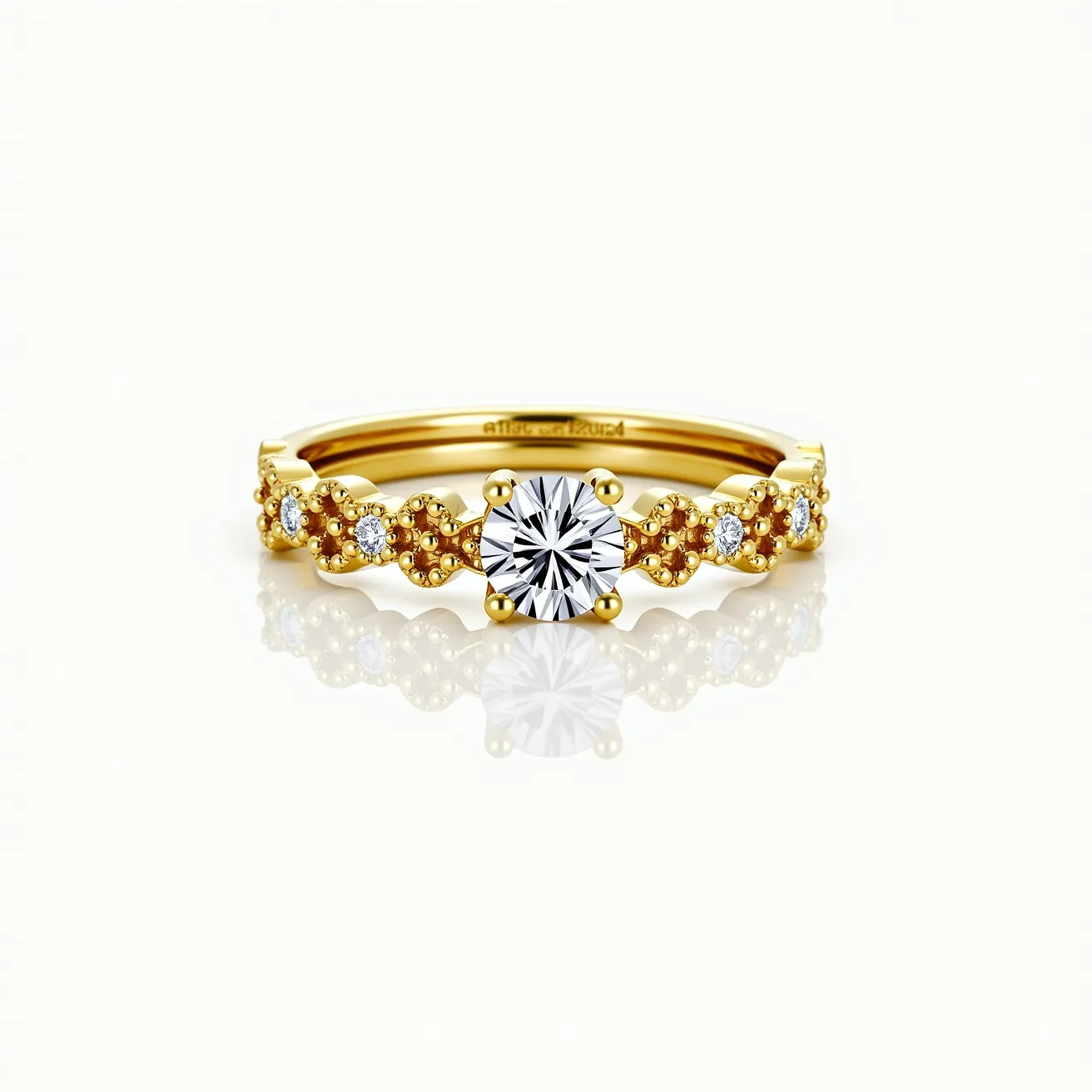 This stackable engagement ring features a gold band adorned with a series of small round diamonds that are elegantly set in clusters, creating an intricate pattern along the band. The central diamond is a round brilliant cut, prominently displayed in a four-prong setting. The craftsmanship showcases a harmonious blend of gold and diamonds, providing a classic yet sophisticated appeal. The ring is designed for stacking, allowing it to be worn alone or paired with other bands for a personalized look.