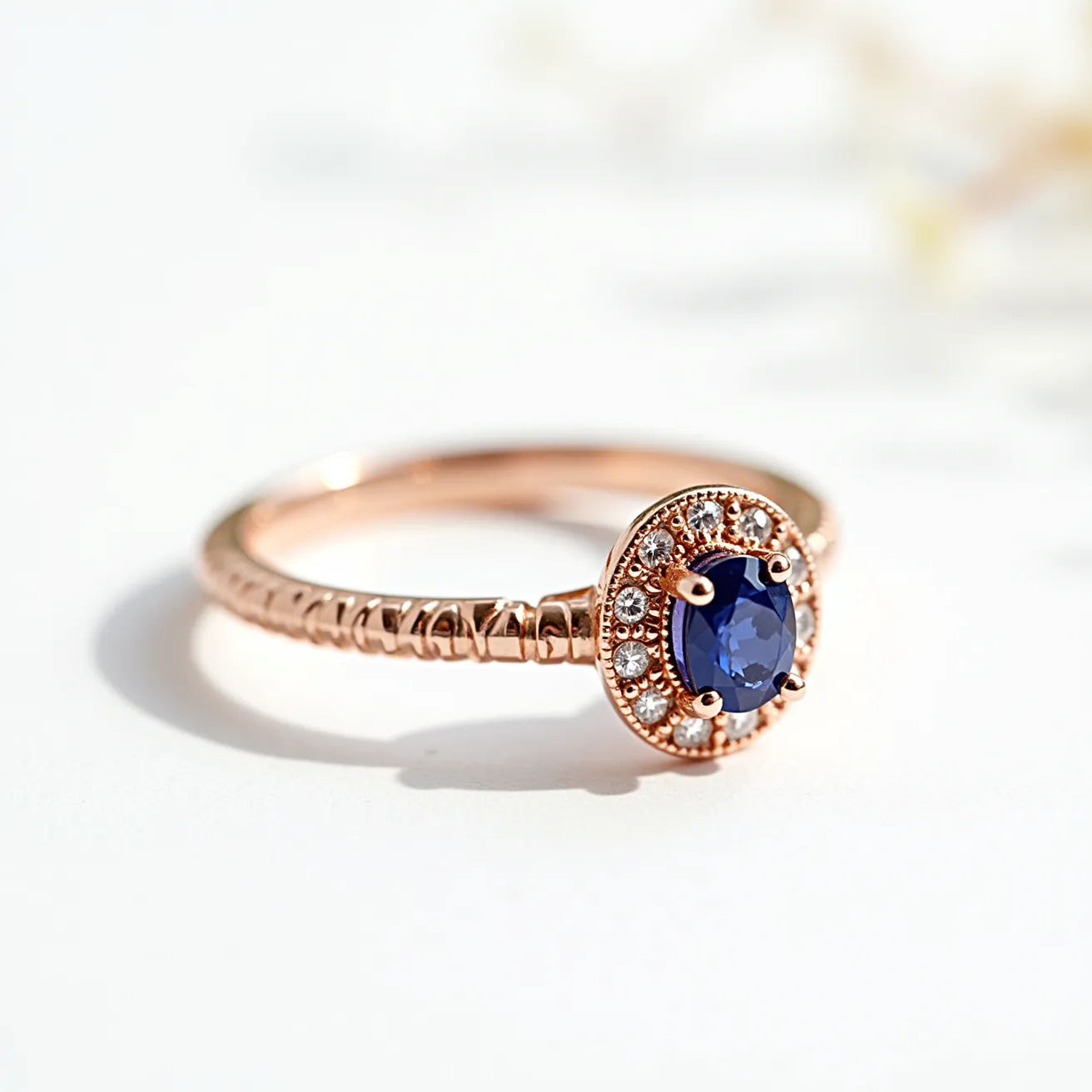 This stackable engagement ring features a beautifully crafted rose gold band adorned with intricate detailing. At its center sits an oval-cut blue sapphire held securely by four prongs, exuding elegance and sophistication. Surrounding the sapphire, a halo of small round diamonds is set in a pave setting, enhancing the central stone's deep color and brilliance. The harmonious blend of gemstones and metal gives the ring a timeless appeal, making it a cherished piece for any jewelry collection.