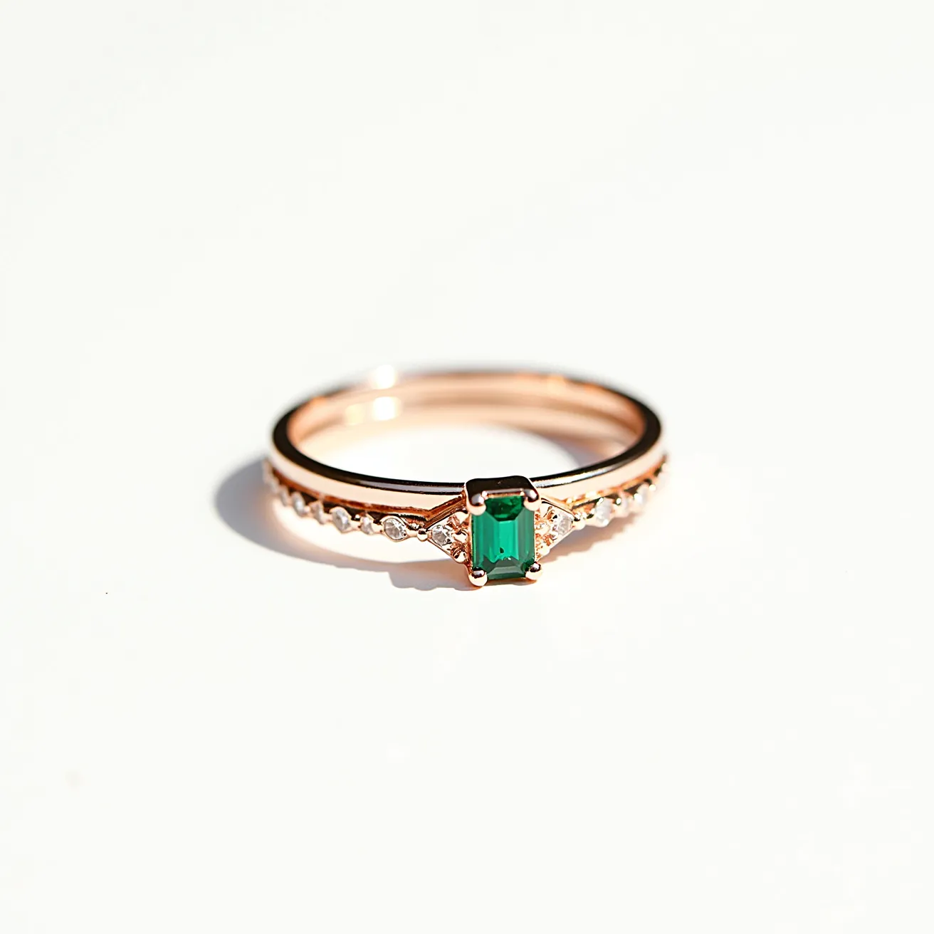 This stackable mothers ring features a delicate band likely made of rose gold, which adds a warm, elegant touch. The centerpiece of the ring is an emerald-cut green gemstone, secured in a classic prong setting that highlights its vibrant color. Each side of the band is adorned with small, round-cut clear stones, possibly diamonds or cubic zirconia, set in a pave style that enhances the ring's sparkle. This design allows for the stacking of multiple rings, creating a personalized and meaningful piece of jewelry that symbolizes family connections.