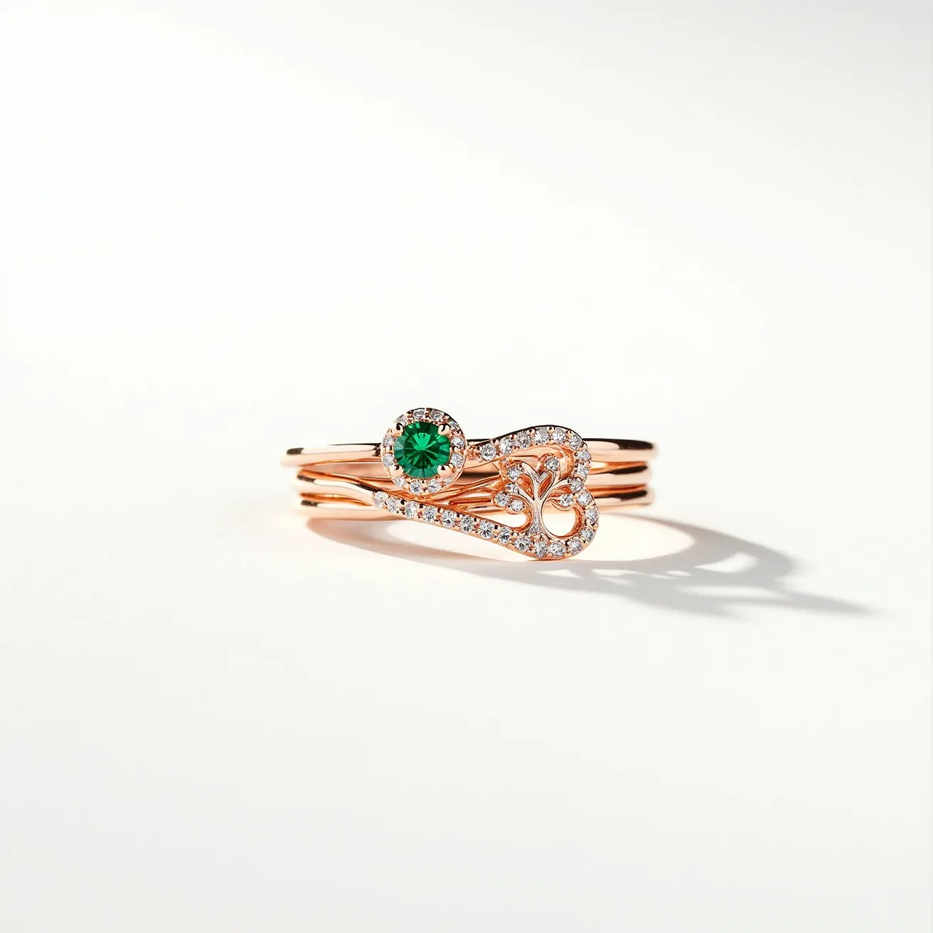 This stackable mothers ring features a delicate arrangement of rose gold bands, elegantly intertwined. At its center, a vibrant round-cut green gemstone is bezel-set, adding a touch of color and personal significance. Surrounding this centerpiece, a series of small diamonds, pave-set, create a sparkling halo and flow into an intricate vine-like design that enhances the visual appeal. The combination of the green gemstone with the brilliant white diamonds against the warm hue of the rose gold offers a harmonious and sophisticated look.