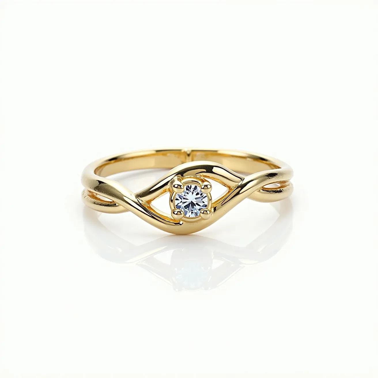 This stackable mothers ring features a delicate and elegant design crafted from polished gold. At its center, it holds a round-cut white gemstone, likely a diamond or a similar clear gem, securely set in a four-prong setting that highlights its brilliance. The band showcases a fluid, intertwined design, adding to the ring's intricate and personalized aesthetic, ideal for layering with other rings to create a unique and meaningful look.