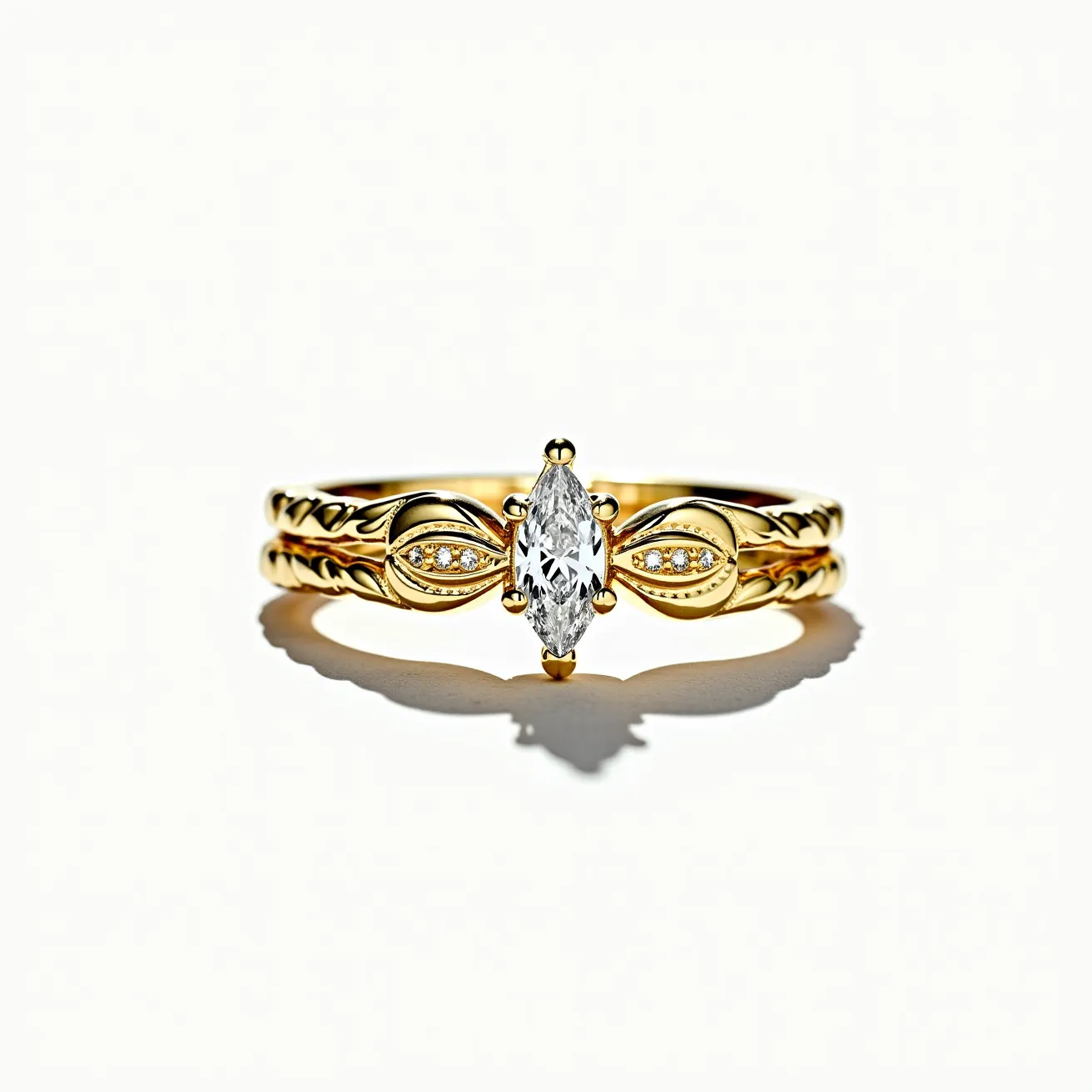 These stackable rings are crafted from yellow gold and feature intricate detailing. The centerpiece of the ensemble is a marquise-cut diamond, securely held in place by a six-prong setting. Surrounding this central stone are two elegant leaf-shaped designs, each embellished with a series of small, round diamonds, adding a touch of sparkle and sophistication. The rings are designed to stack seamlessly together, enhancing the overall aesthetic.