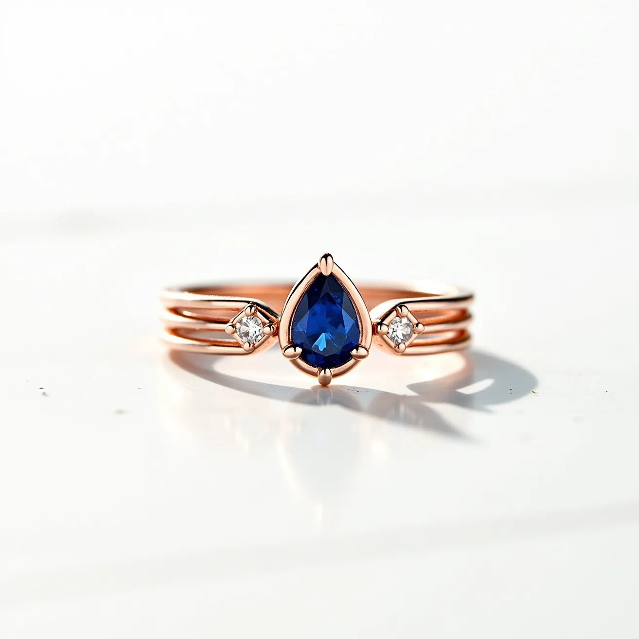 These stackable rings are crafted from a lustrous rose gold material, featuring a striking design that includes a pear-shaped blue sapphire as the central gem. The sapphire is securely held in place by a prong setting, enhancing its vibrant hue and elegance. Flanking the sapphire are two smaller, round-cut diamonds set in a similar prong style, adding a touch of sparkle and sophistication. The design is simple yet elegant, allowing each ring to be worn together or individually for a versatile look.