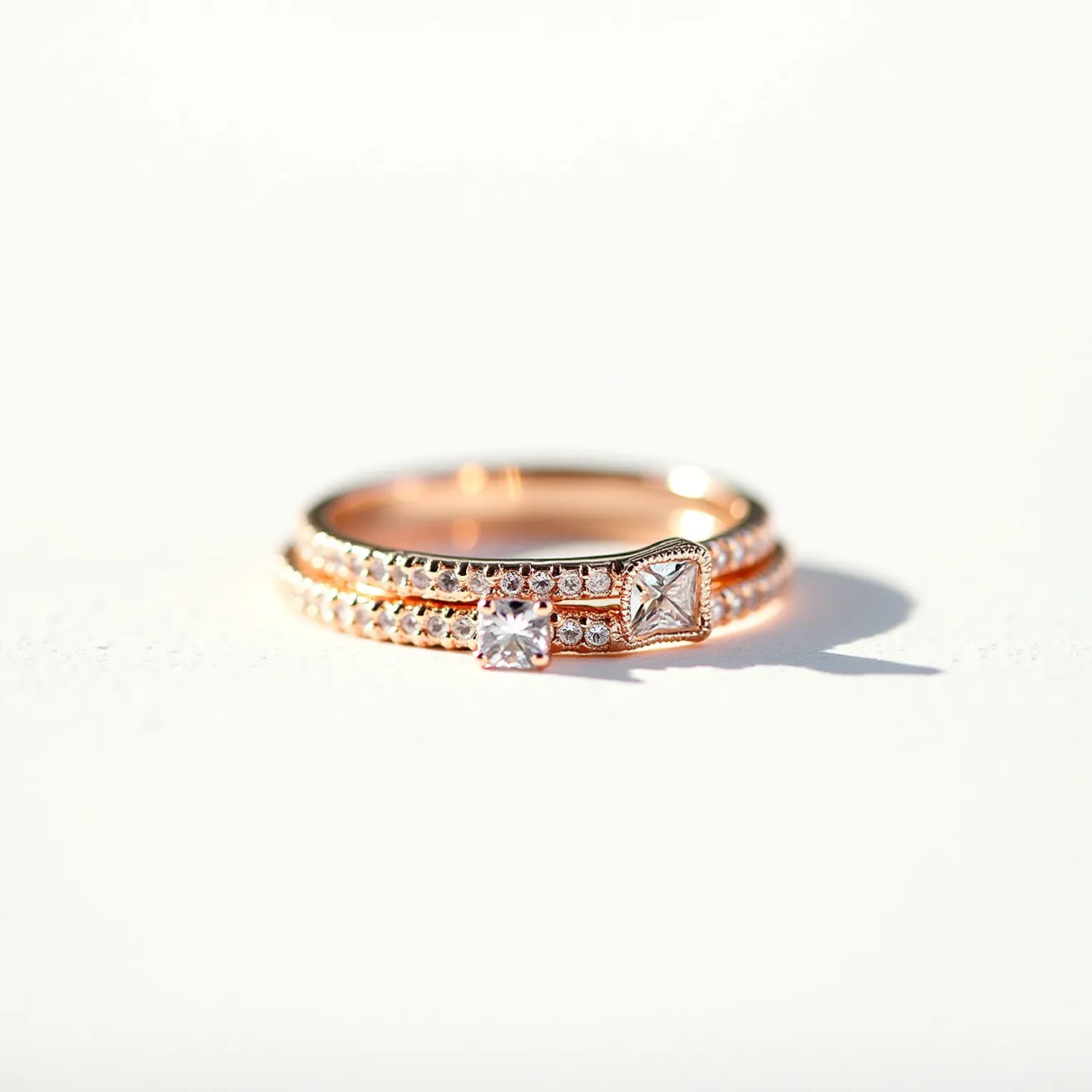 These stackable rings are crafted from a rose gold material, featuring a delicate and elegant design. They are adorned with two prominent square-cut stones set on top of each ring, adding a touch of sophistication. Each ring also showcases a line of small, round-cut gemstones, intricately set around the band, enhancing the overall sparkle and charm. The settings are secure, highlighting the stones without the need for additional clasps or attachments, allowing the rings to be worn comfortably and stylishly together.