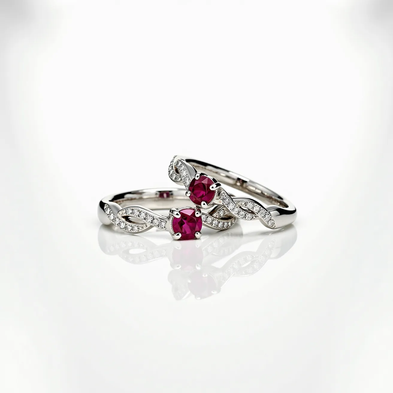 These stacked wedding rings feature a smooth band made from what appears to be a lustrous metal, likely white gold or platinum, providing a sleek and elegant appearance. Each ring showcases a prominent centerpiece gem, which is a vibrant red stone, likely a ruby, cut in a round shape, and held securely by four prongs. The bands are intricately designed with a delicate infinity pattern, embellished with small, round-cut diamonds set in a pave style, adding a touch of sparkle and sophistication. These rings create a harmonious and cohesive look when worn together.