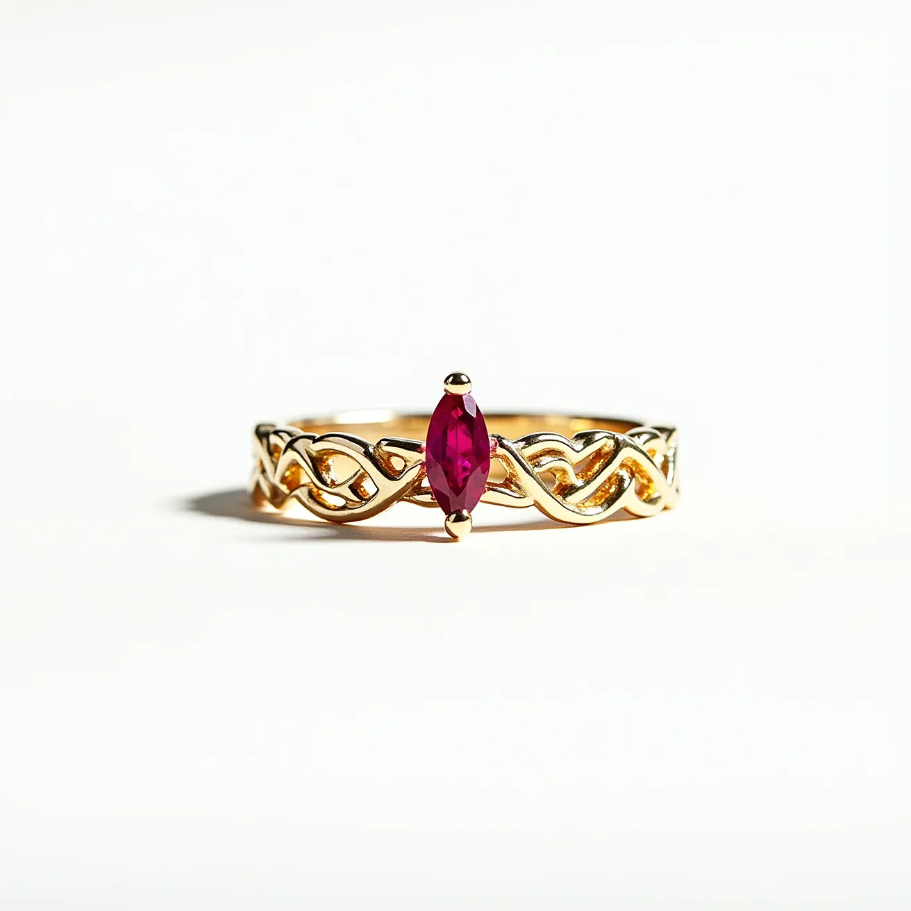 These stacked wedding rings feature a delicate design crafted in gold, showcasing intricate interwoven patterns. Central to the design is a marquise-cut ruby, which is elegantly set in a prong setting, allowing the vibrant red hue to stand out prominently amidst the gold band. The craftsmanship of the ring highlights both the luxurious metal and the striking gemstone, creating a harmonious blend of elegance and brilliance. The continuous intertwining pattern adds a timeless and sophisticated touch, making it a unique and beautiful symbol of unity.