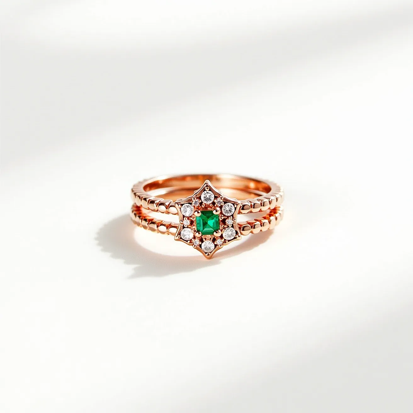 These stacked wedding rings feature a trio of elegant bands, primarily crafted from a rich rose gold. The central band showcases a striking green gemstone, most likely an emerald, cut into a square shape. This gem is exquisitely set in a star-like cluster arrangement, surrounded by a halo of small, round-cut diamonds. The diamonds are securely held in place with prong settings, enhancing the overall luster and brilliance of the piece. The bands are adorned with a series of delicate bead-like details, adding texture and visual interest to the ensemble. The design combines timeless elegance with a touch of modern charm.