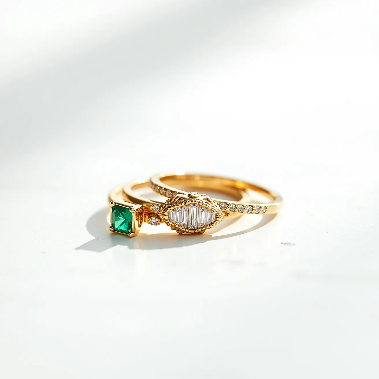 These stacked wedding rings feature a combination of gold bands and exquisite gemstones. The top ring showcases a vintage-inspired design with a series of vertically set baguette-cut diamonds encased in an ornate gold setting, adding elegance and charm. The secondary ring highlights a vibrant, emerald-cut green gemstone set in a simple prong setting that allows the stone’s rich color to stand out. The gold bands are further adorned with small round diamonds, enhancing the overall sparkle and providing a harmonious contrast to the central stones.