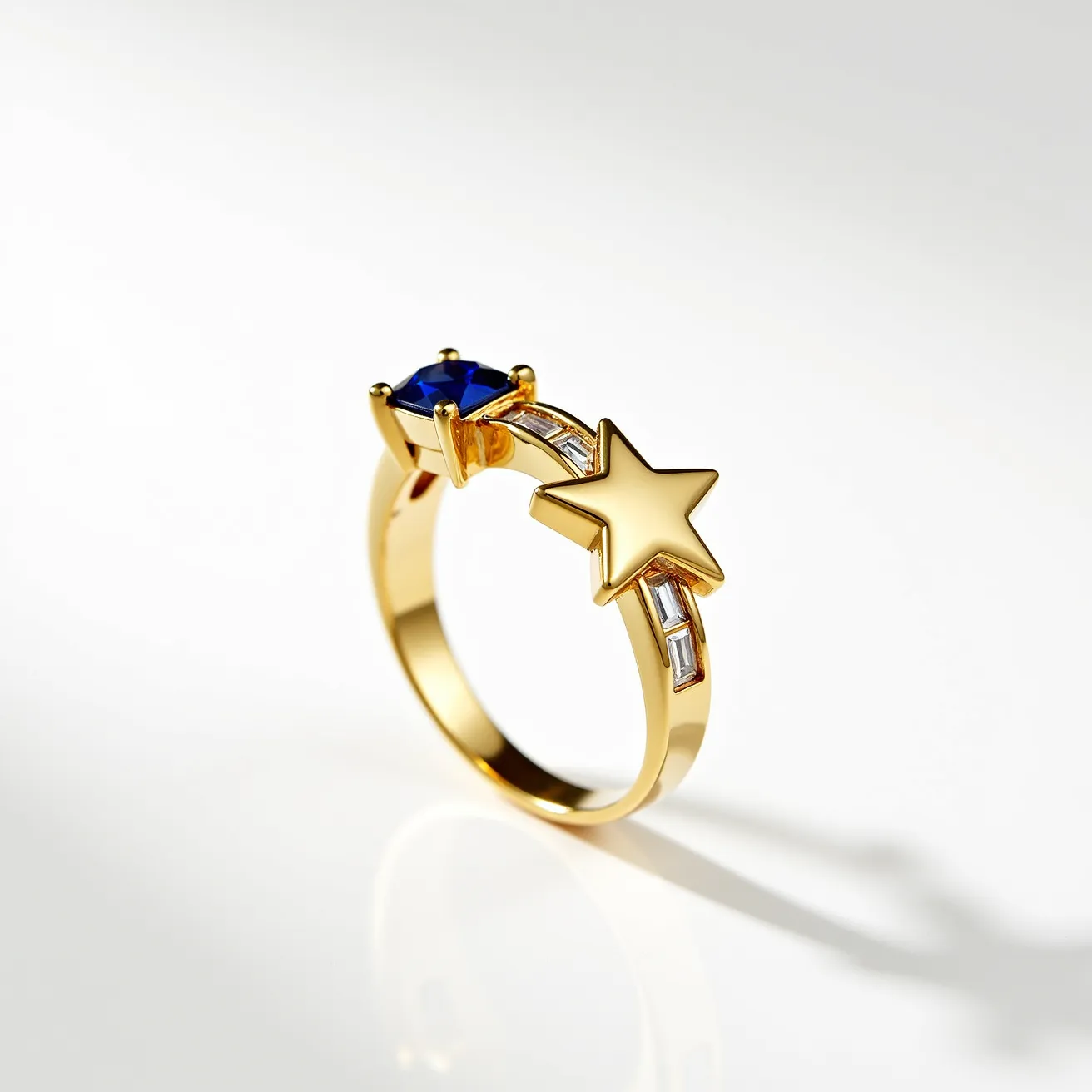 This star ring features a vibrant gold band, elegantly showcasing a deep blue, square-cut gemstone held in a prong setting. The focal point is a prominent gold star, fixed alongside a series of precisely cut, rectangular clear stones set in a channel setting, adding a touch of sophistication and sparkle. The design seamlessly combines celestial themes with classic elegance, using high-quality materials to create a unique piece of jewelry.